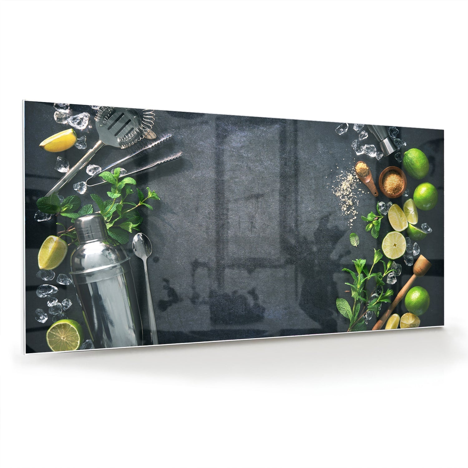 Glazen schilderij met kruiden en citroenen op een moderne muur.