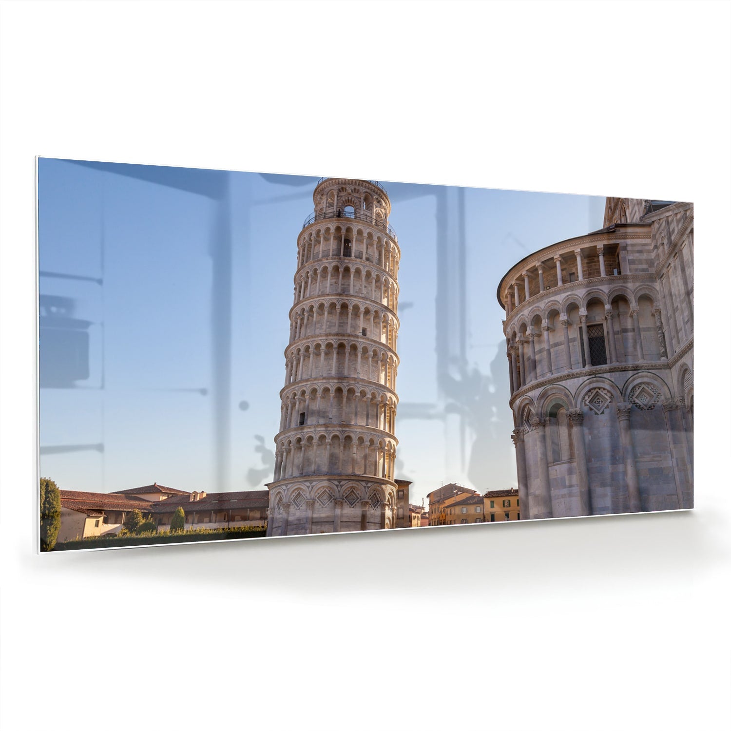 Glazen schilderij van de Toren van Pisa in een stijlvolle woonkamer.
