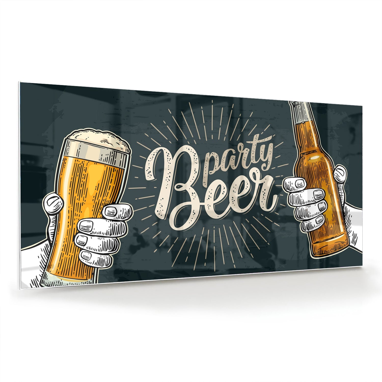 Feestelijk glazen schilderij met twee handen die bier vasthouden.