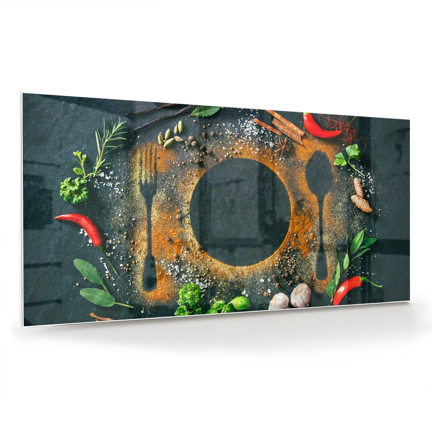 Glazen schilderij met een kleurrijk ontwerp van kookgerei en verse ingredinten.