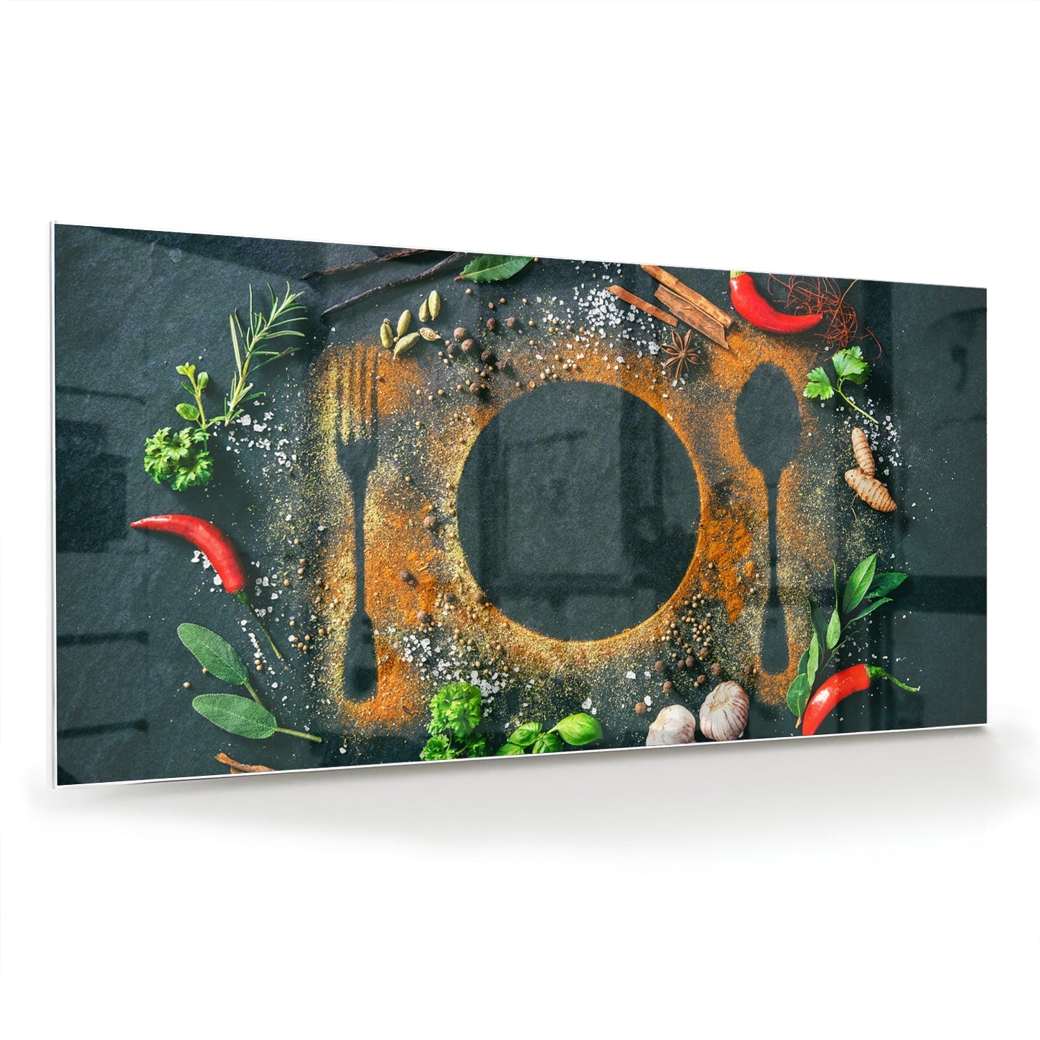 Glazen schilderij met een kleurrijk ontwerp van kookgerei en verse ingredinten.