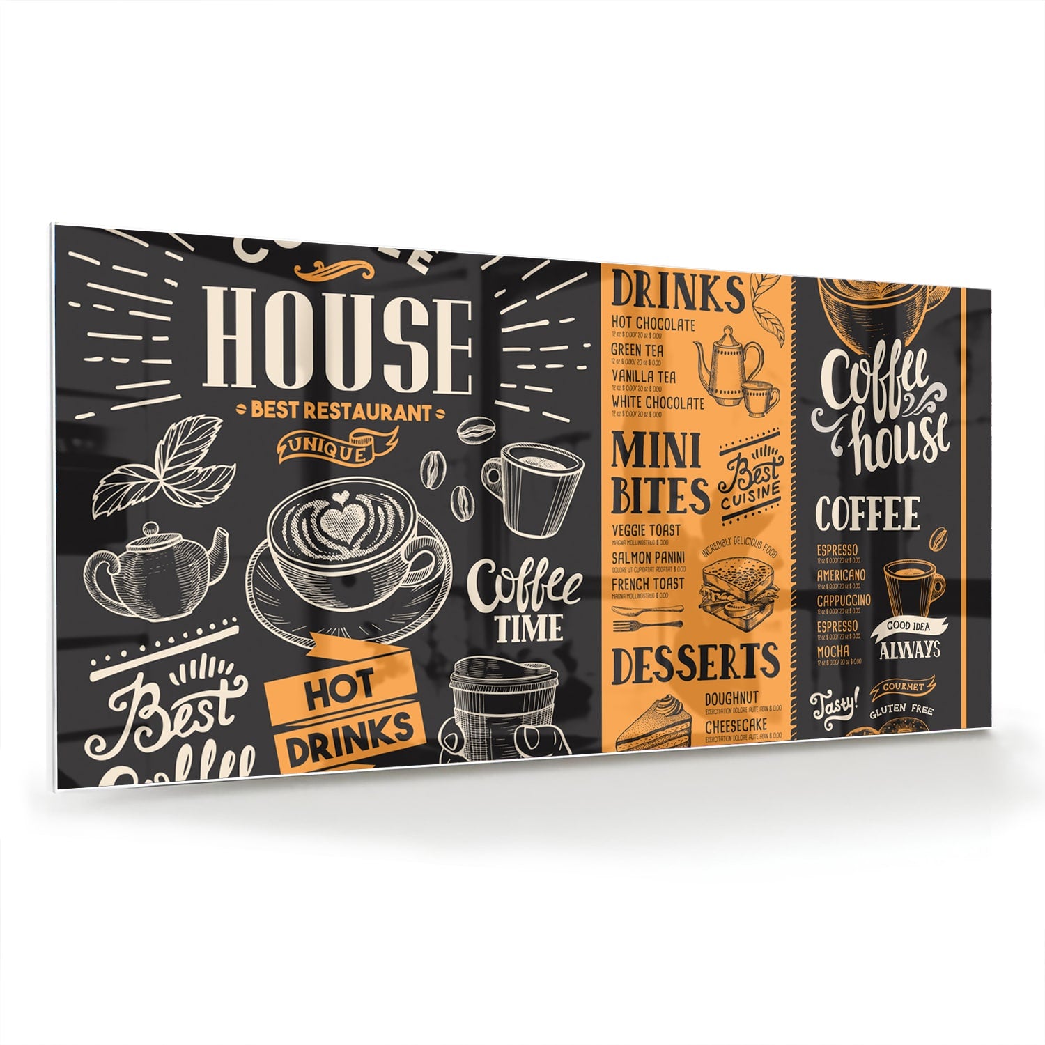 Glazen schilderij van een koffiehuis met tekst in zwart en oranje