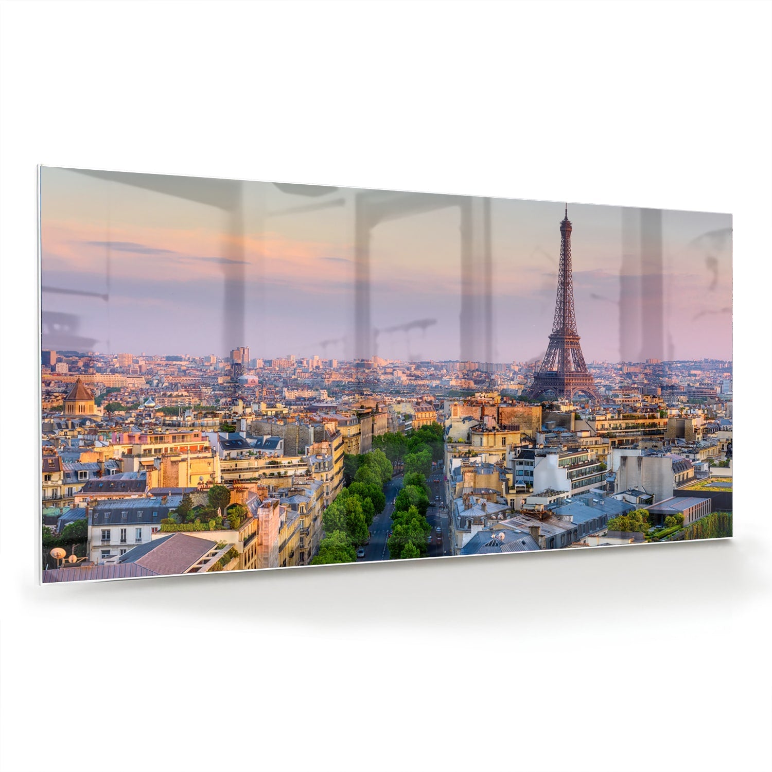 Glas schilderij van de Eiffeltoren in Parijs bij zonsondergang