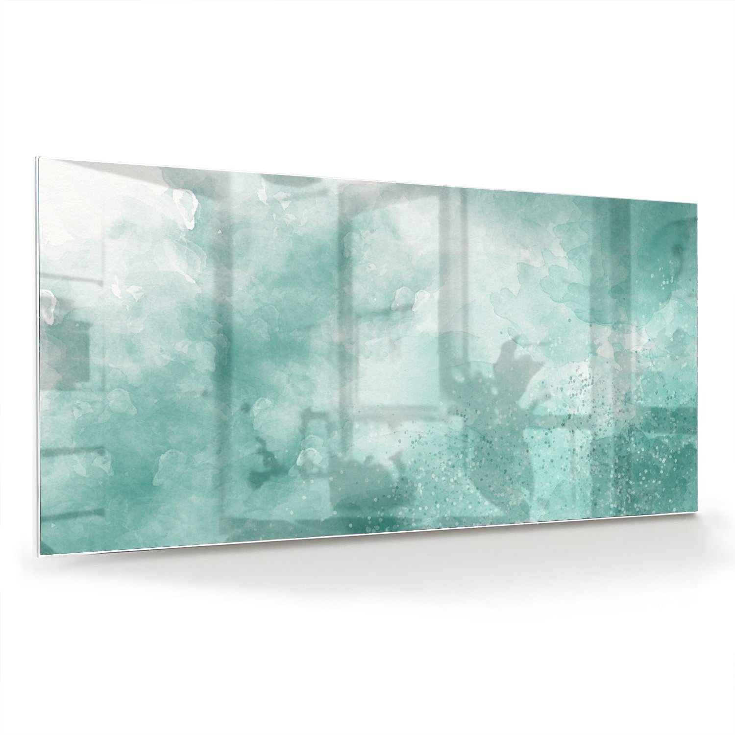 Abstract glazen schilderij in aquablauw kleur, past mooi in een modern interieur.