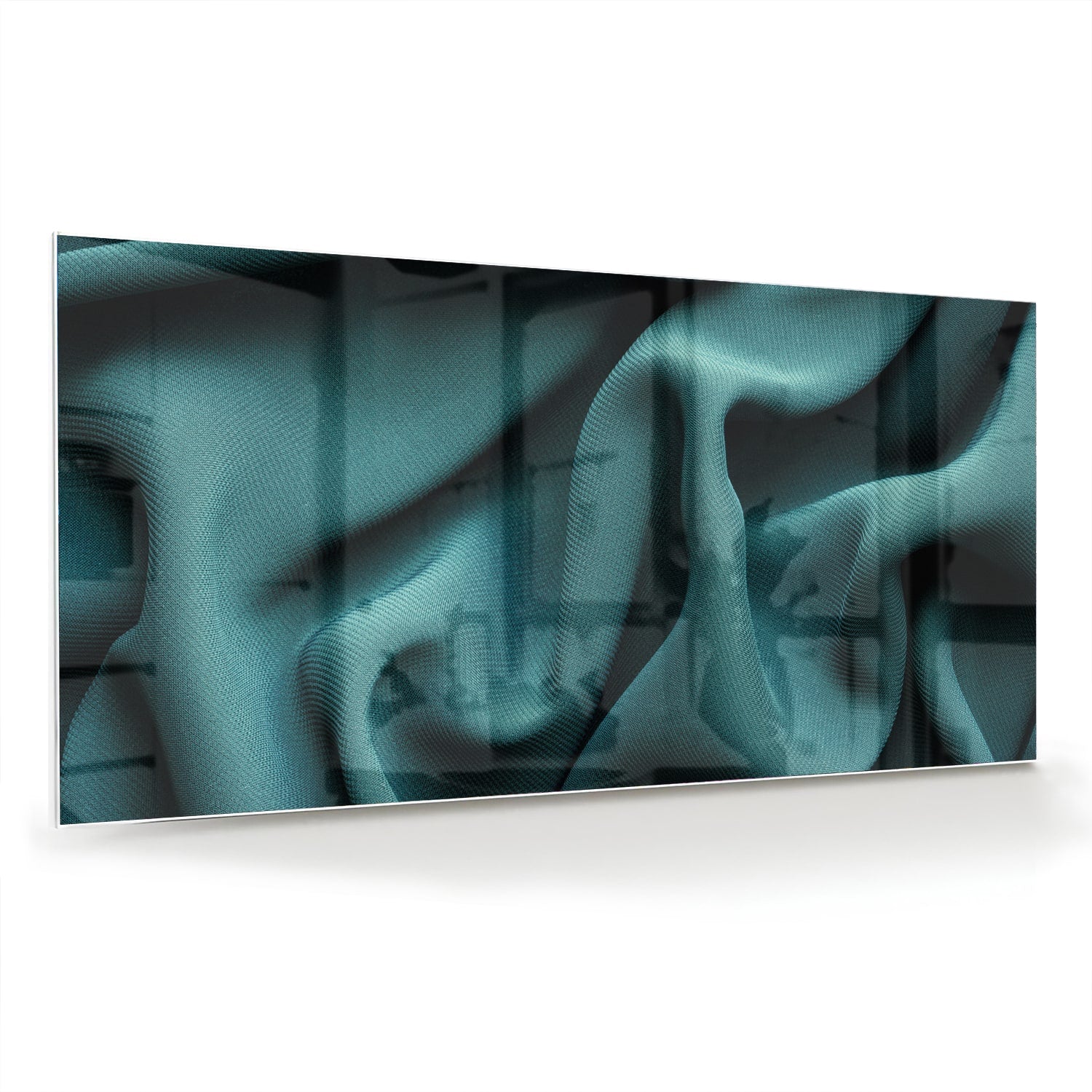 Elegante blauwgroene glazen schilderij in een moderne woonomgeving.