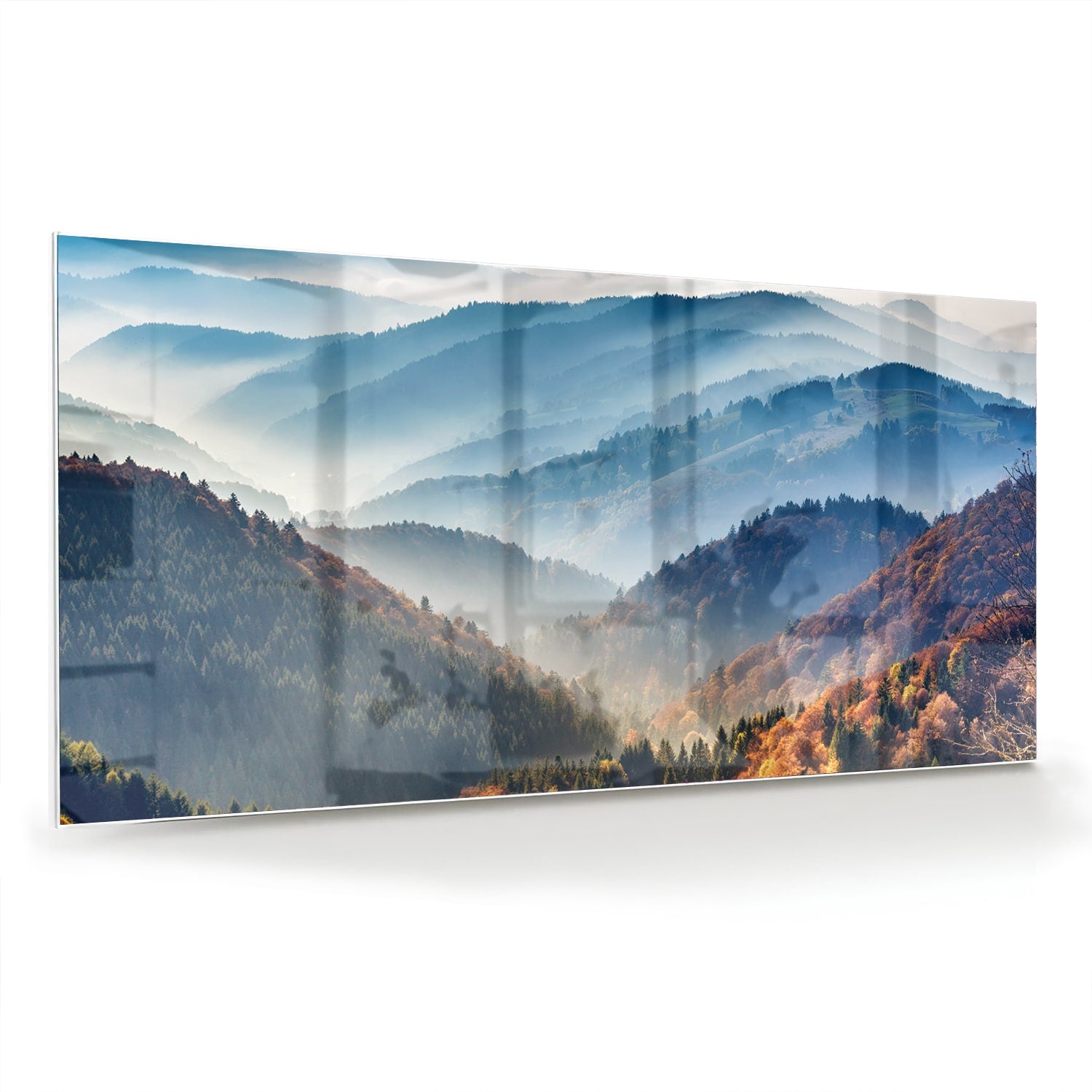 Glazen schilderij met een adembenemend berglandschap in warme herfstkleuren