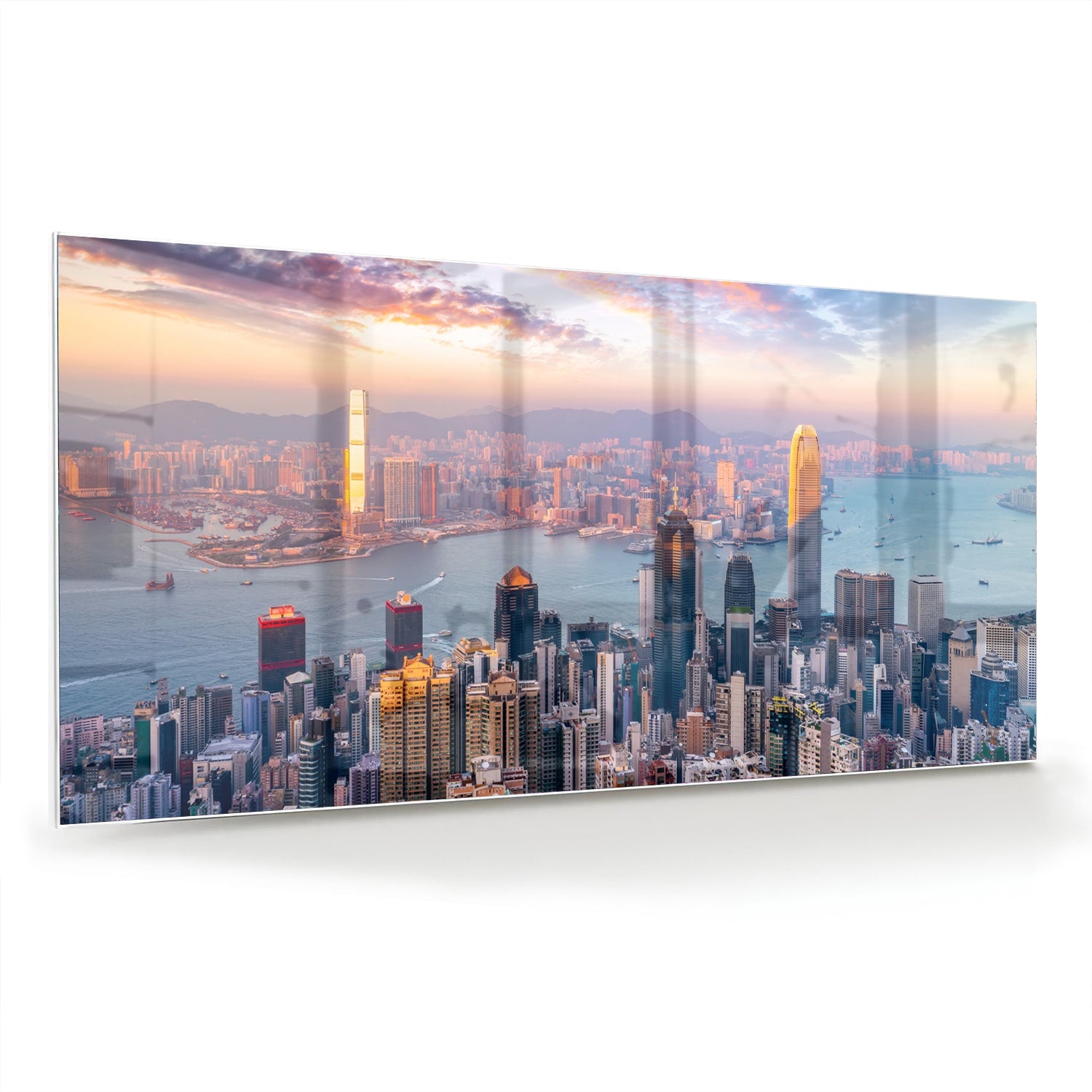 Glazen schilderij van een stadsgezicht met zonsondergang, perfect voor inrichting