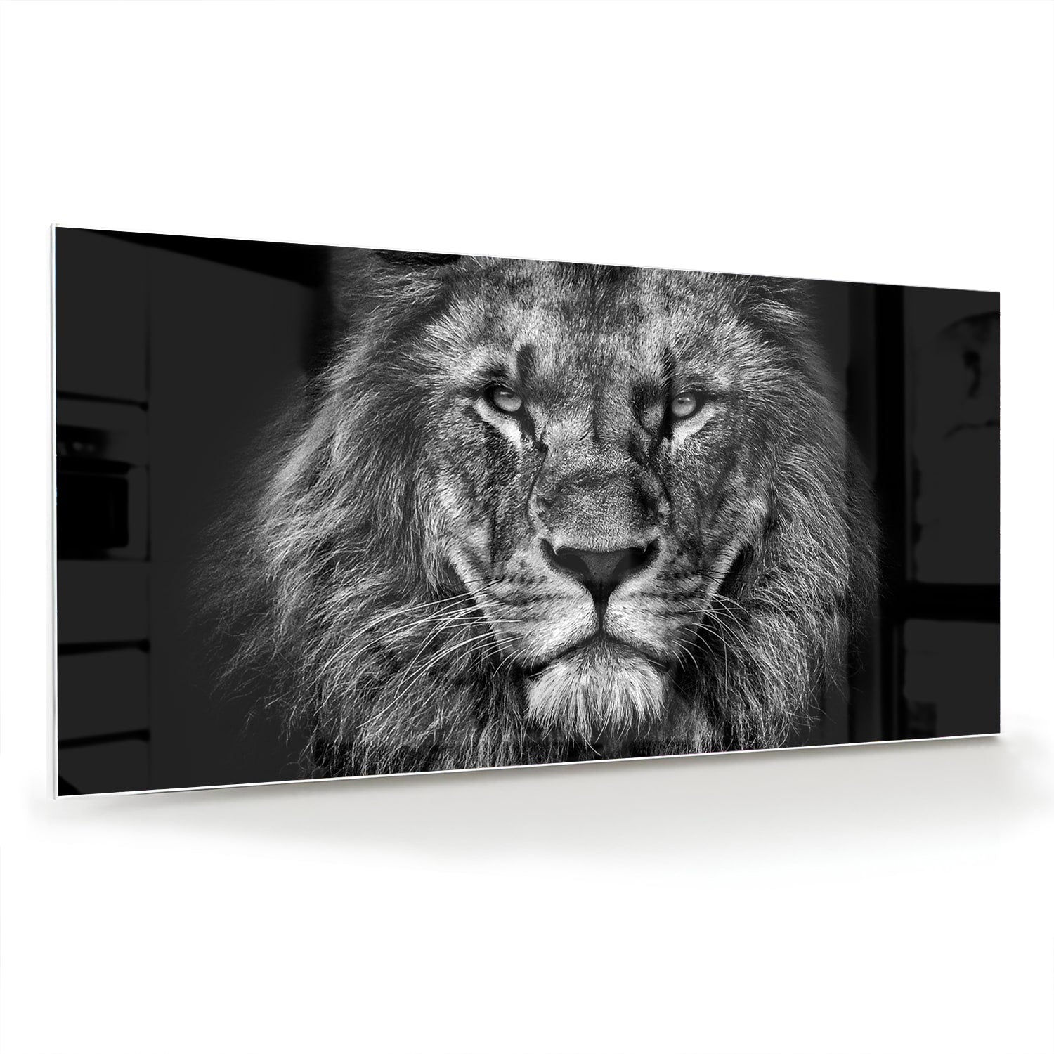 Glazen schilderij van een leeuw in zwart-wit, perfect voor wanddecoratie.