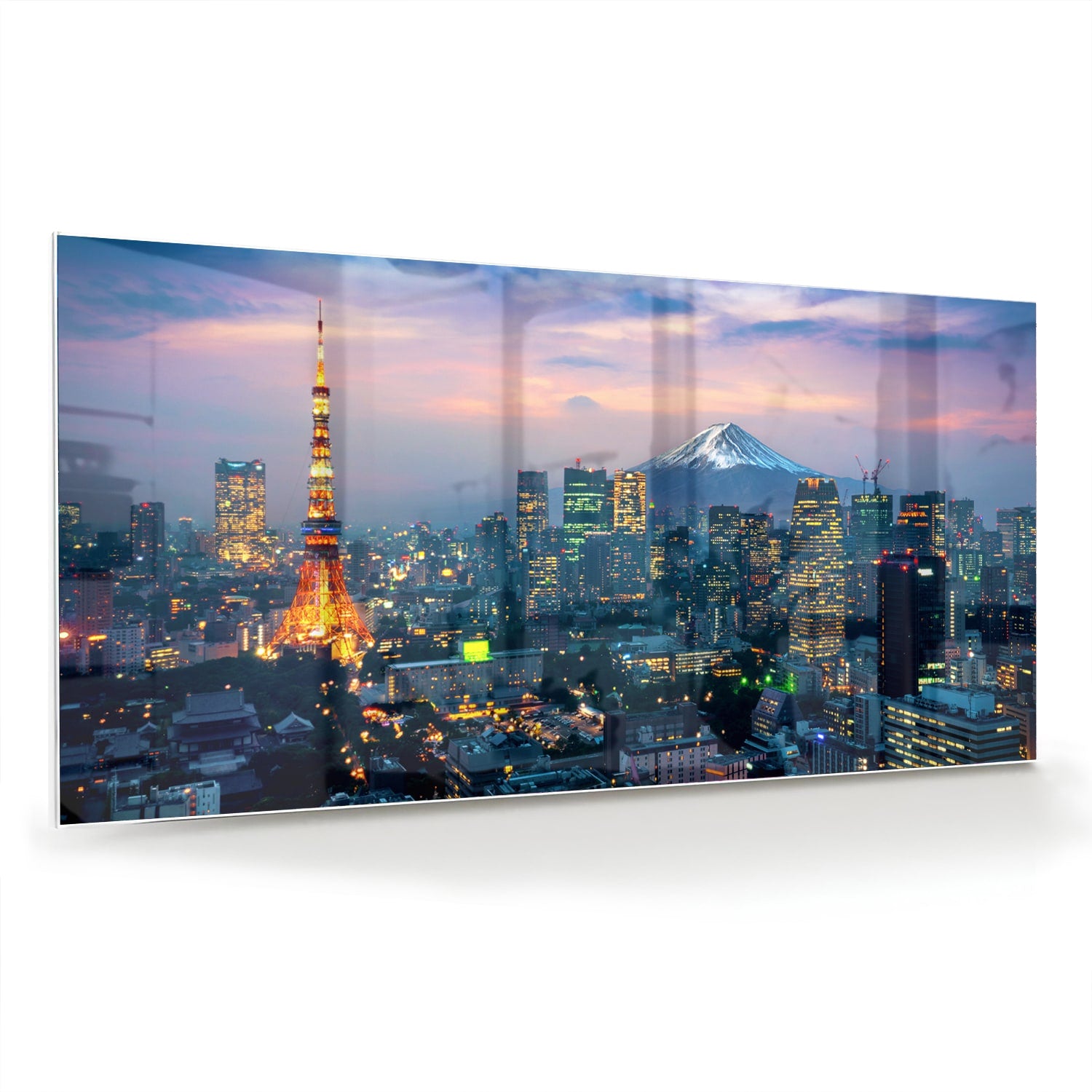 Glazen schilderij van Tokyo met de Tokyo Tower en Mount Fuji in de achtergrond
