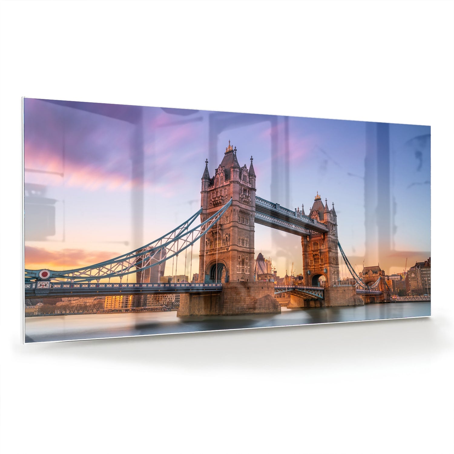 Glas schilderij van de Tower Bridge in Londen met een zonsondergang op de achtergrond.