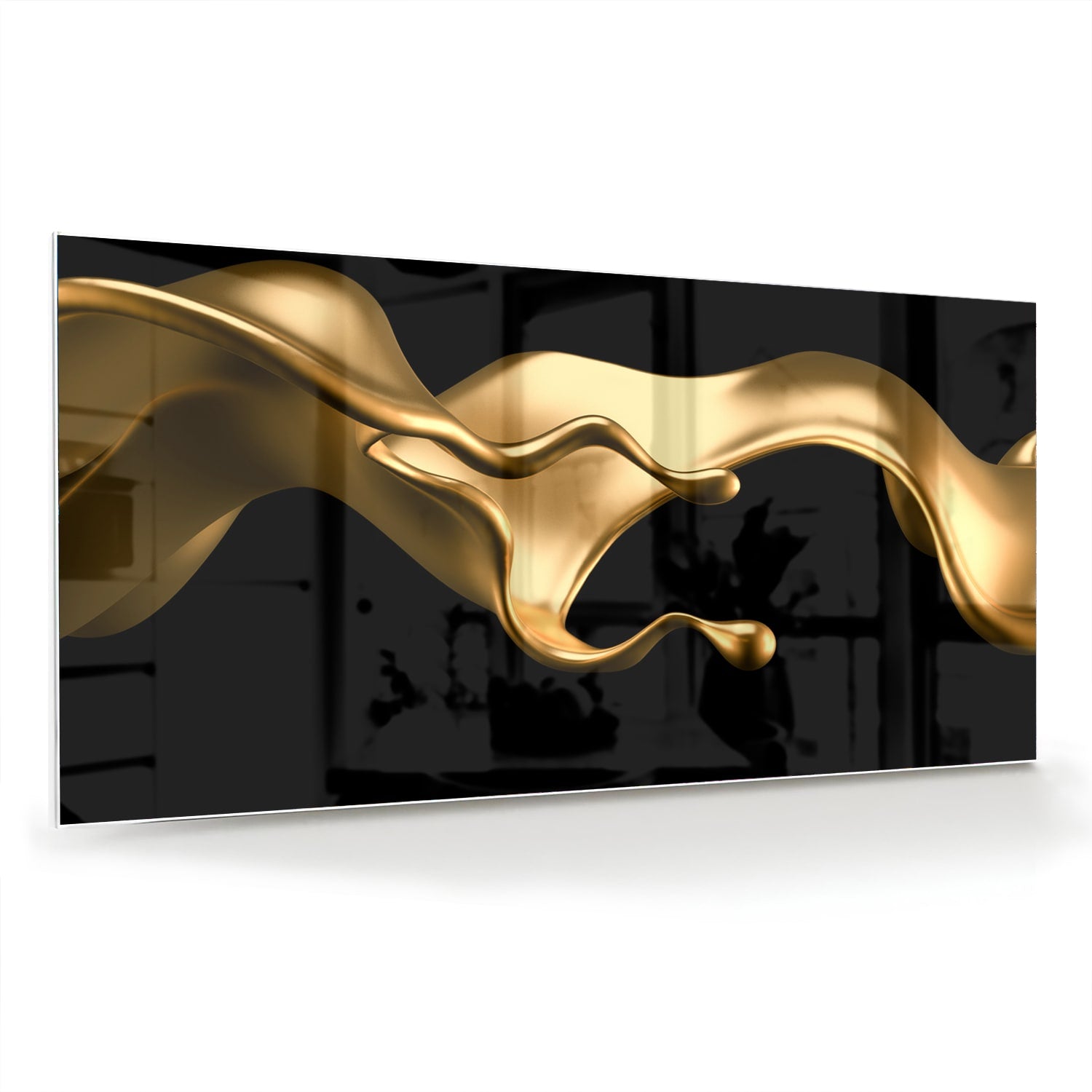 Gouden abstract glas schilderij met zwarte achtergrond, perfect voor moderne interieurs.