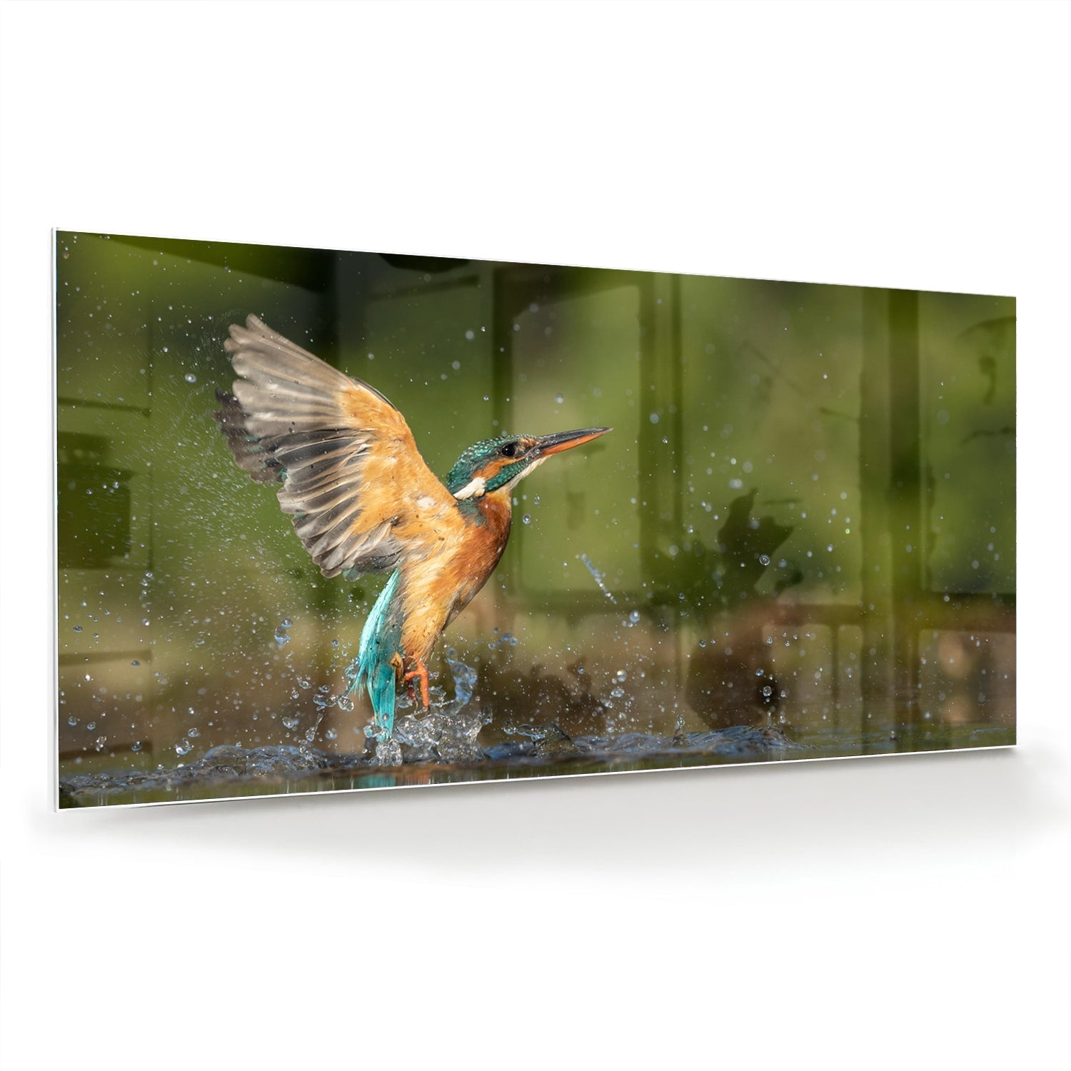 Glazen schilderij van een ijsvogel die in het water duikt