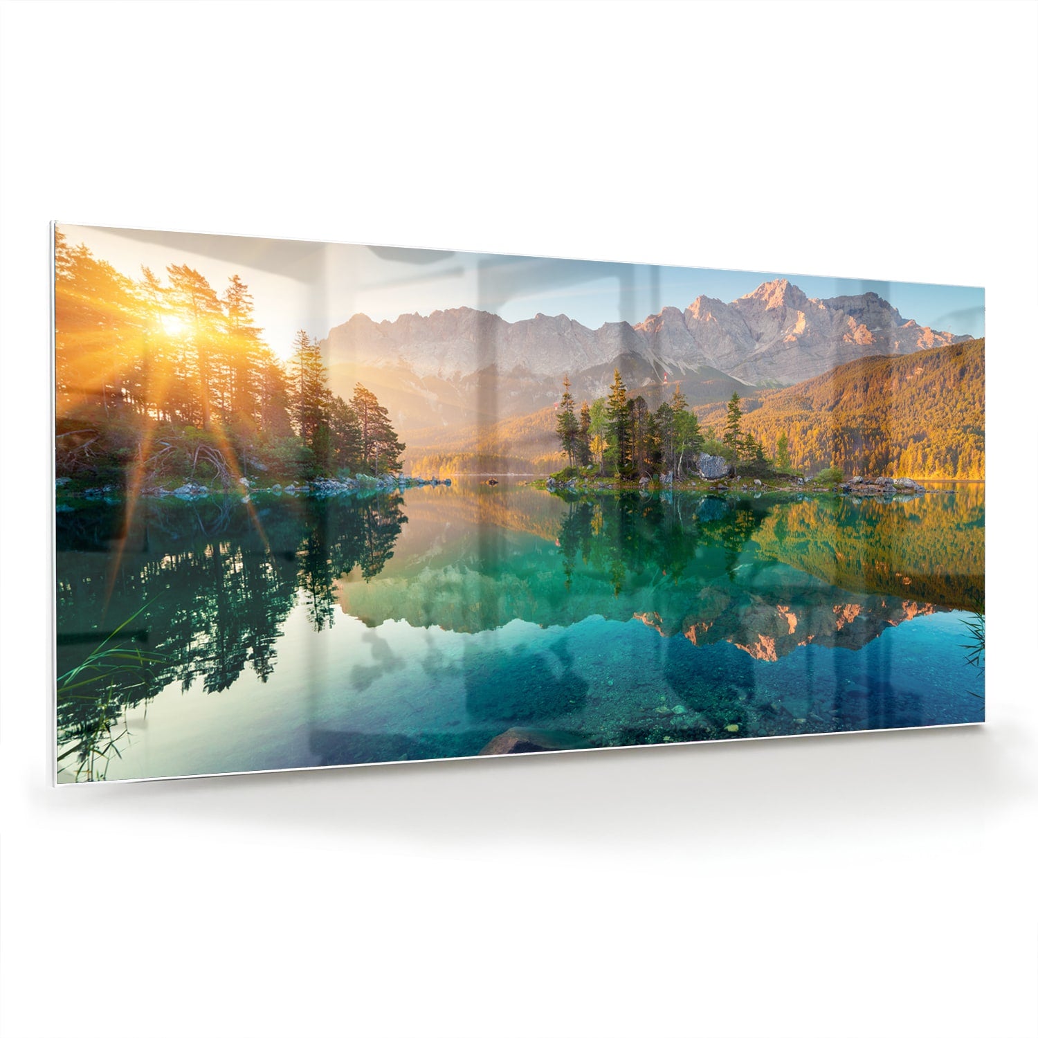 Glazen schilderij van een berglandschap met reflectie in het meer.