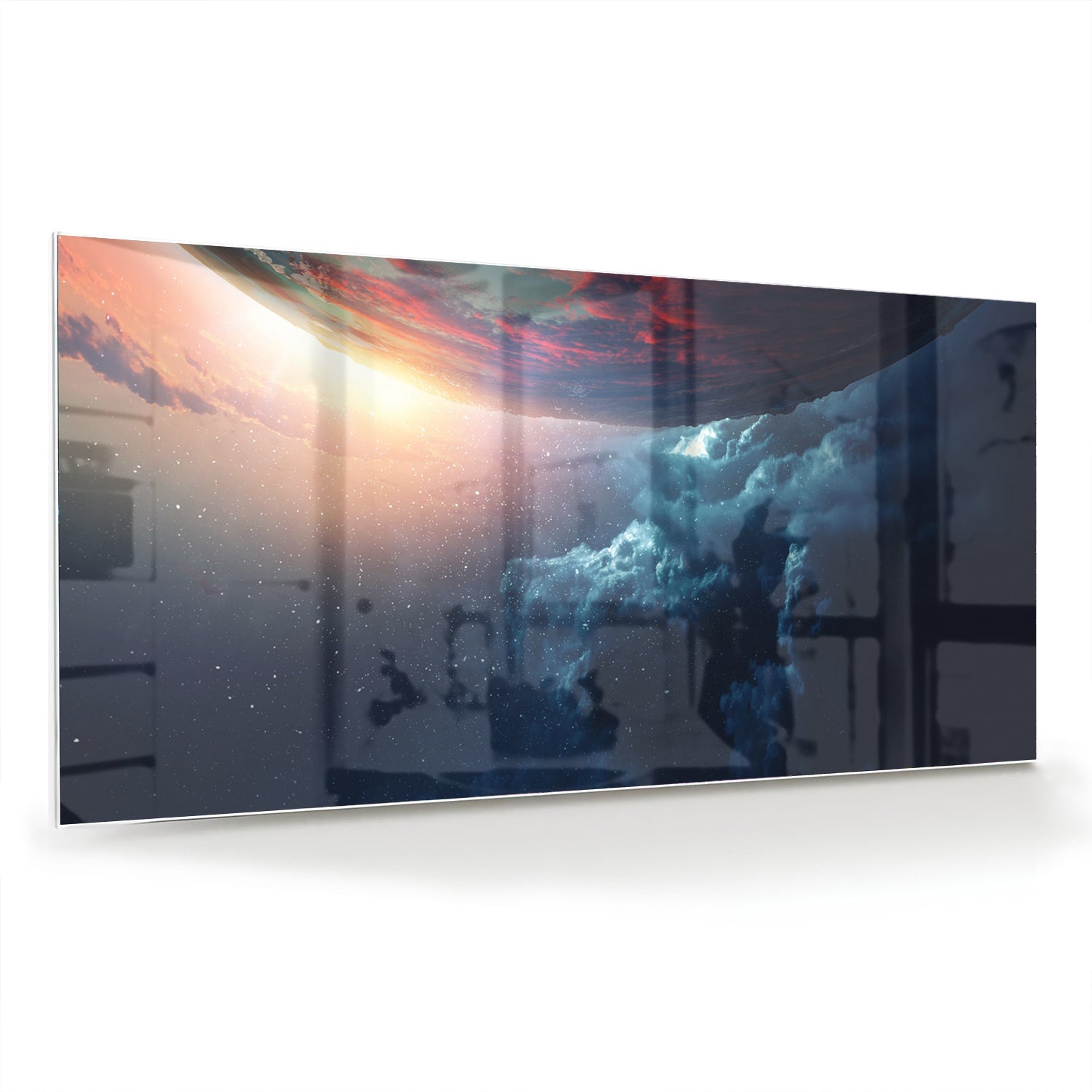 Glazen schilderij met een kosmisch uitzicht en kleurrijke lucht in woonkamer.