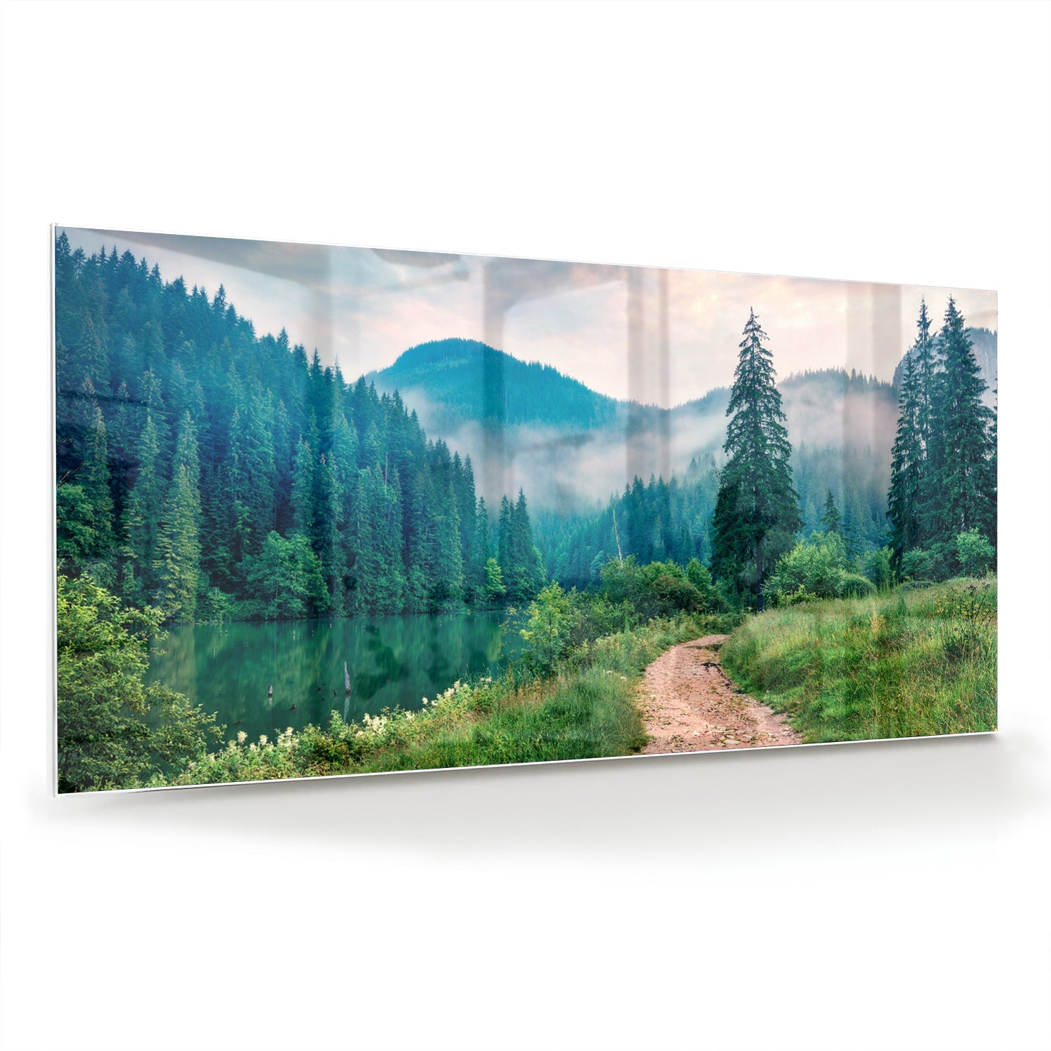 Glazen schilderij van een berglandschap met een pad en bomen