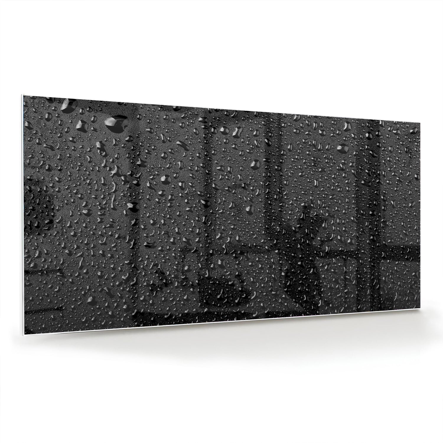 Glas schilderij met druppels op een zwart oppervlak, ideaal voor moderne interieurs.