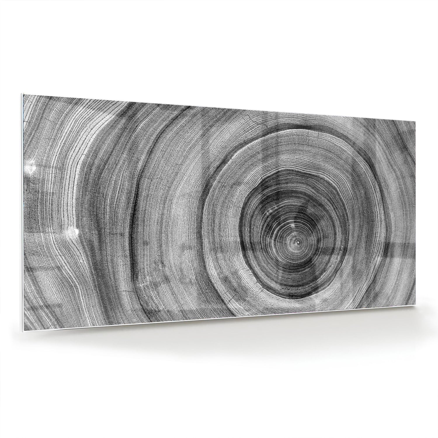 Abstract glazen schilderij in grijstinten met cirkels aan de muur