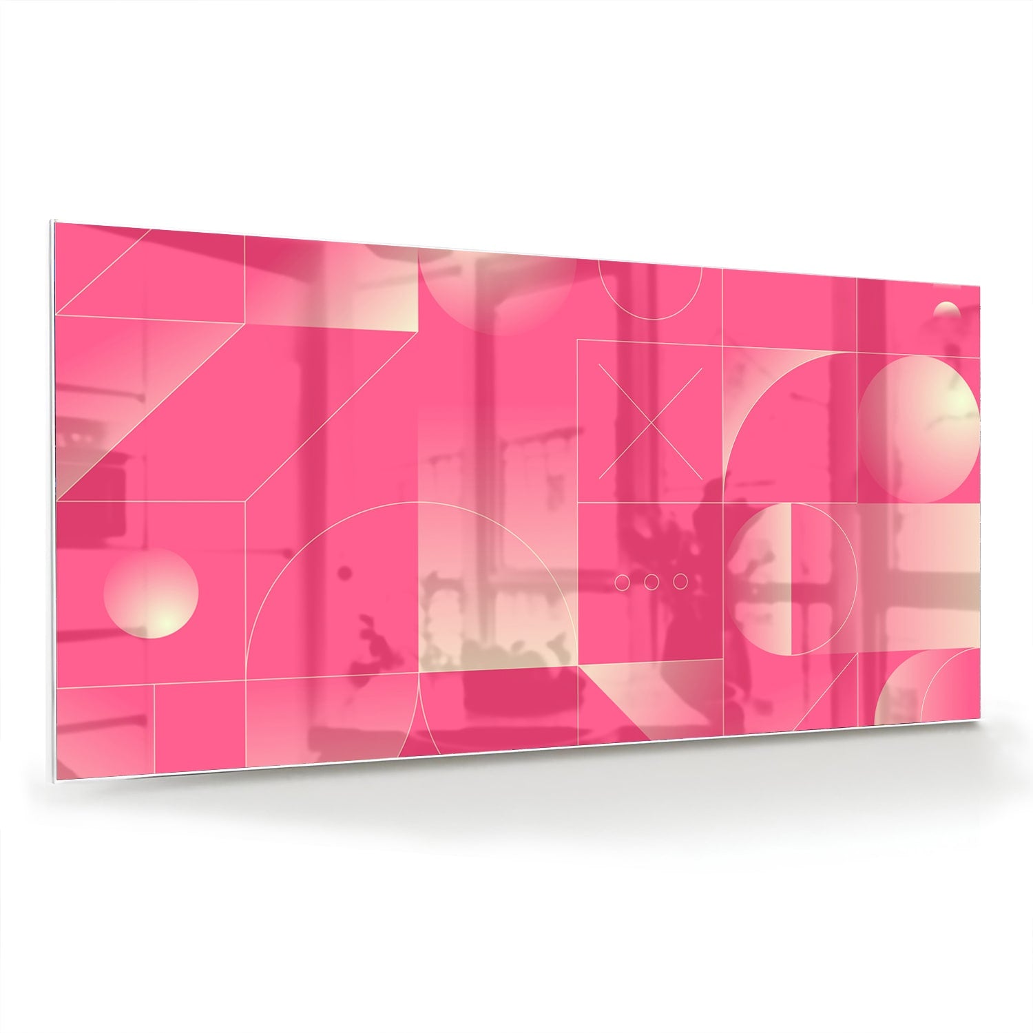 Modern glazen schilderij in frisroze met geometrische vormen.