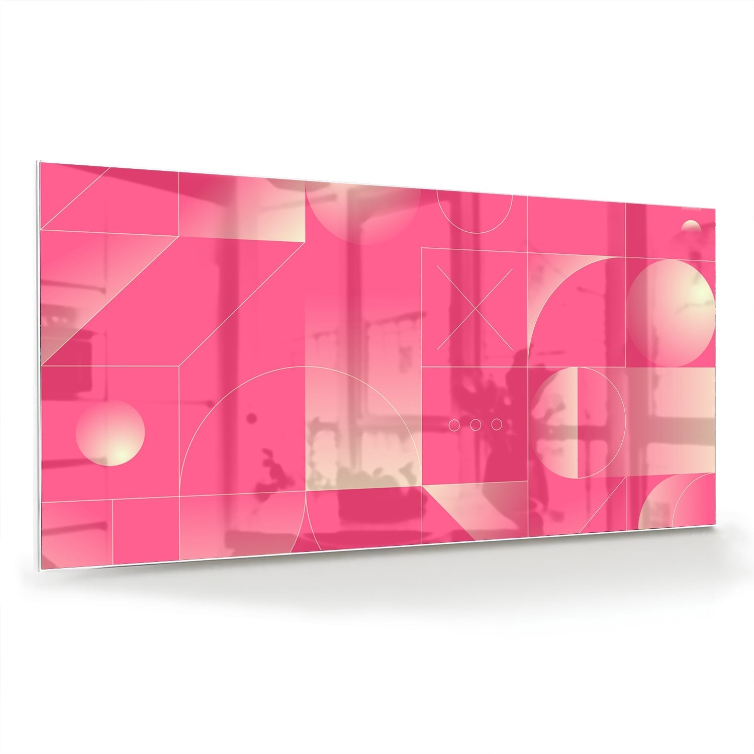 Modern glazen schilderij in frisroze met geometrische vormen.