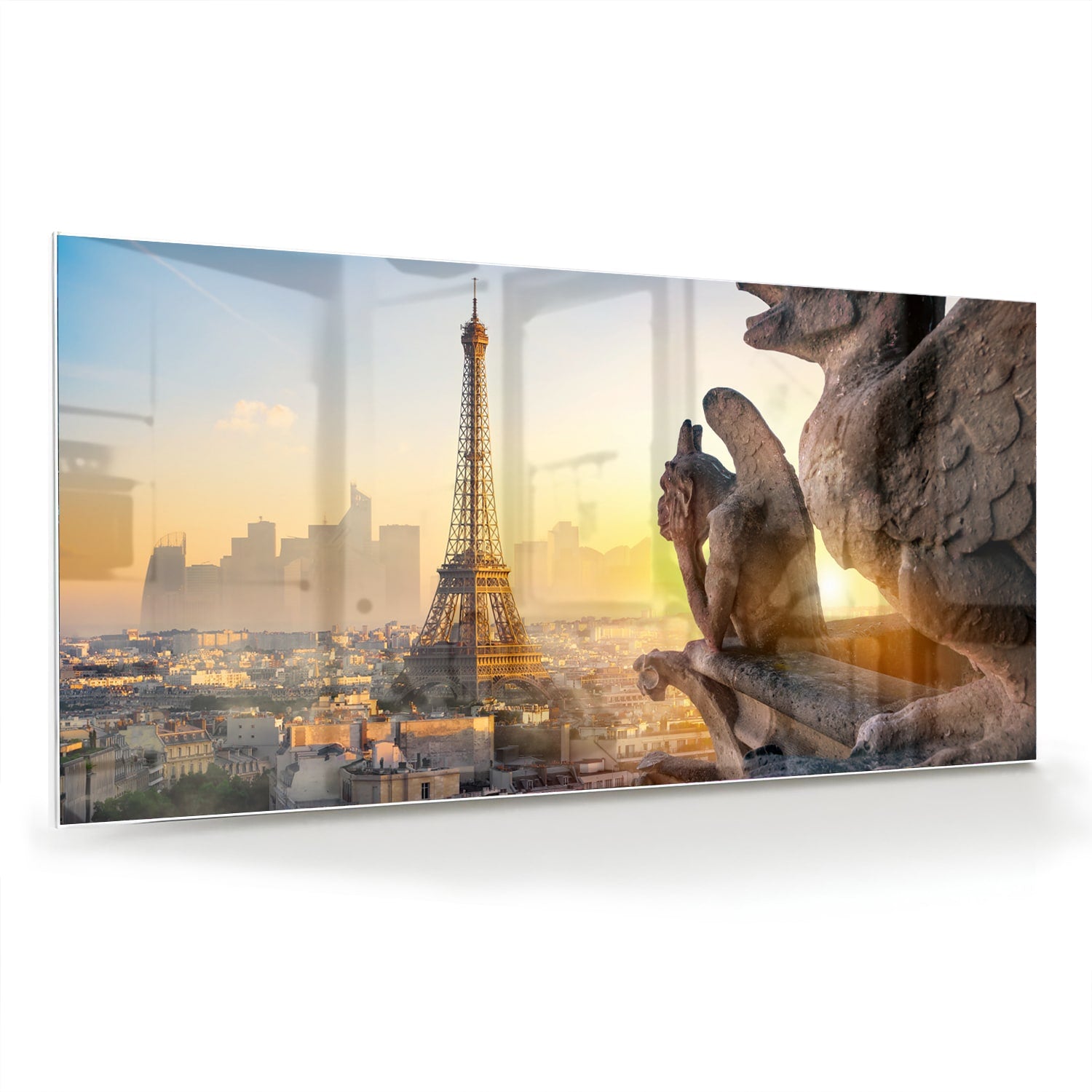 Glazen schilderij met de Eiffeltoren tijdens zonsondergang boven Parijs.