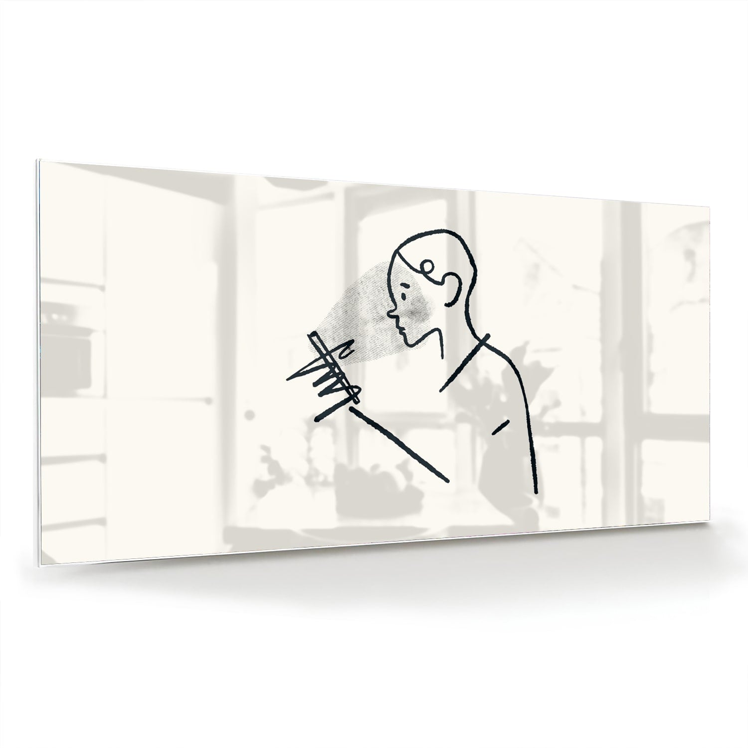 Minimalistisch glazen schilderij met lijntekeningen van een persoon.