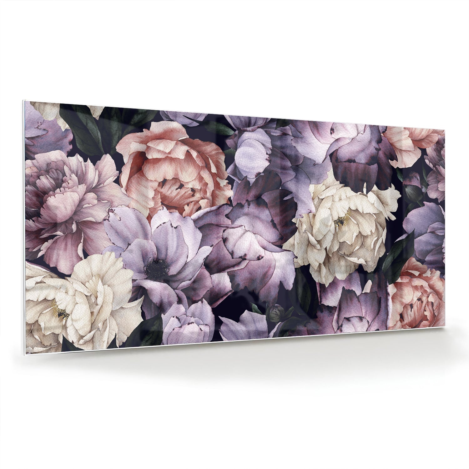 Glas schilderij met paarse en gouden bloemen in een moderne woonkamer