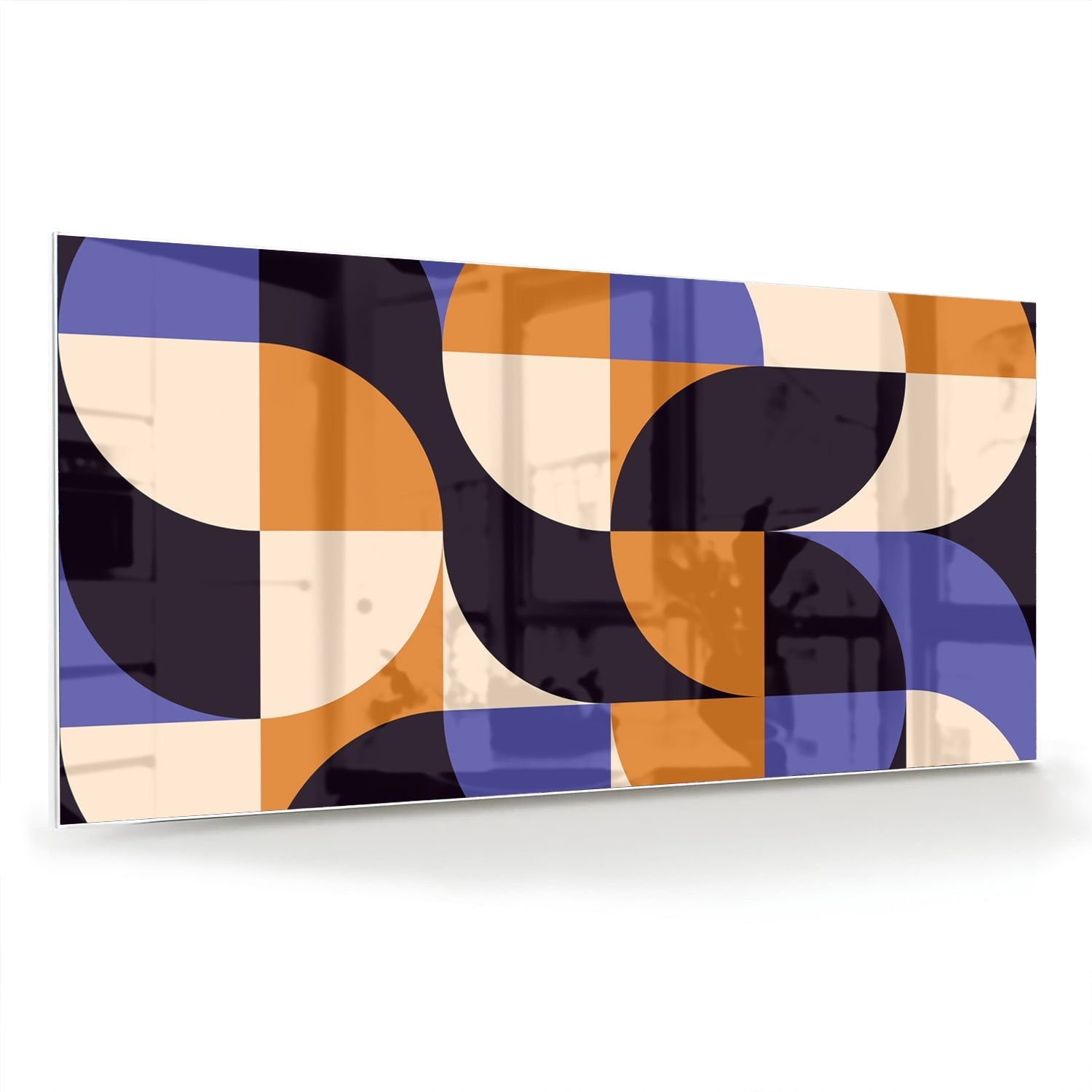 Abstract glazen schilderij met blauwe en oranjekleurige vormen, perfect voor moderne interieurs.