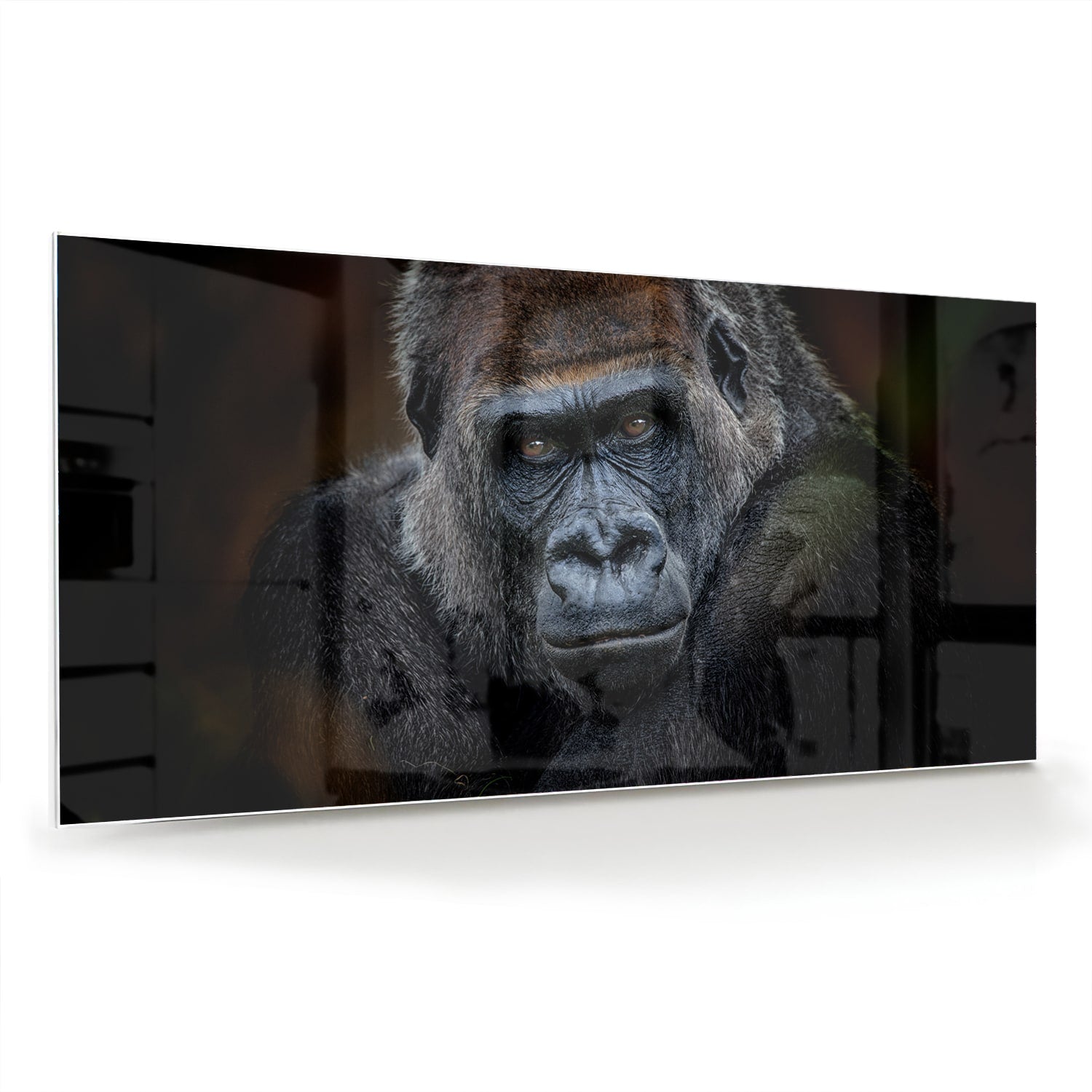 Glazen schilderij van een gorilla in een moderne woonkamer.