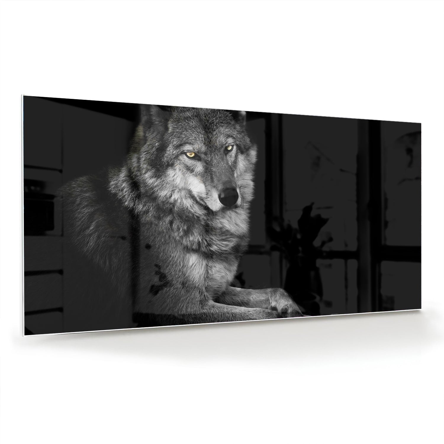 Glas schilderij van een wolf in zwart-wit, perfect voor wanddecoratie.