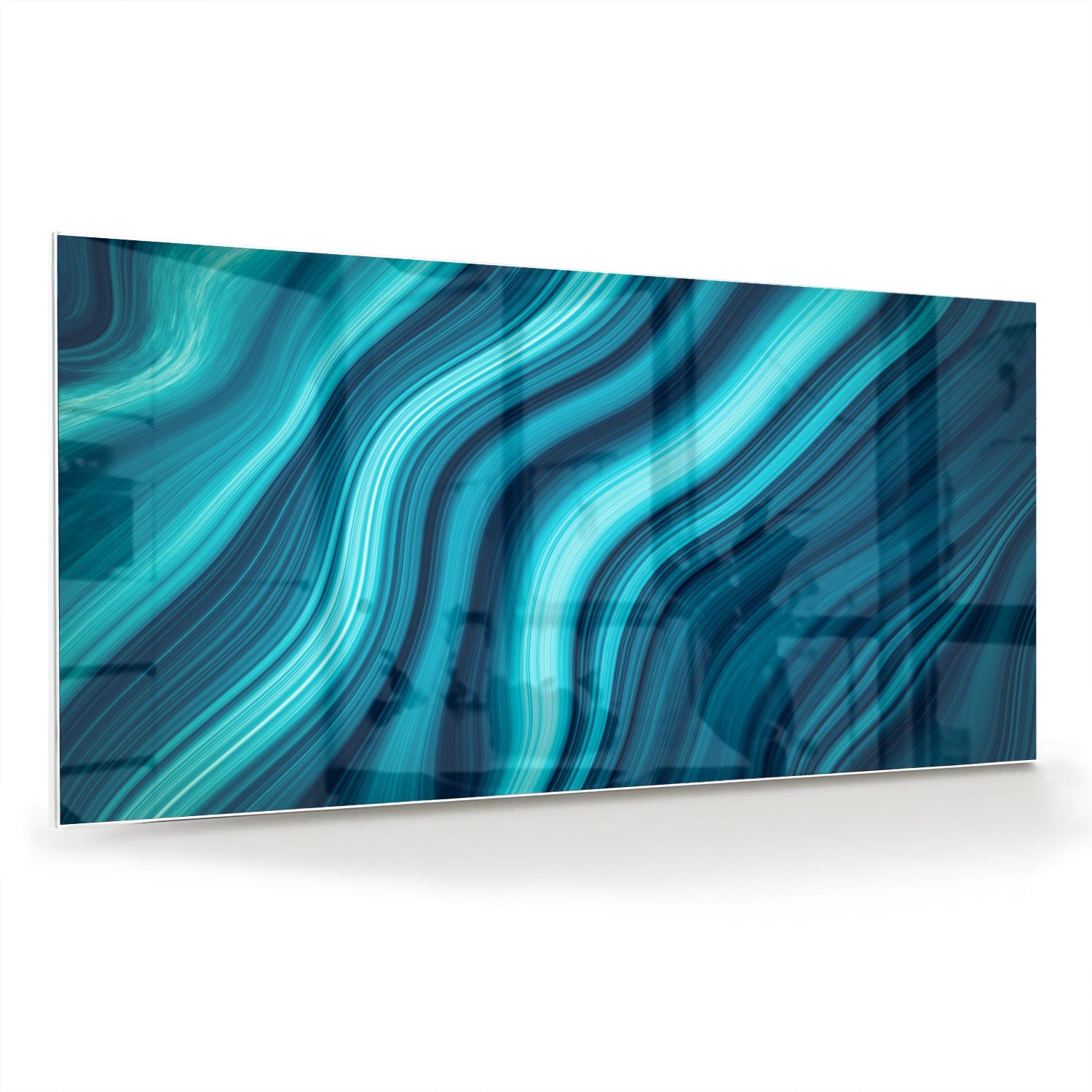 Moderne glazen schilderij met blauwe en groene golven aan de muur