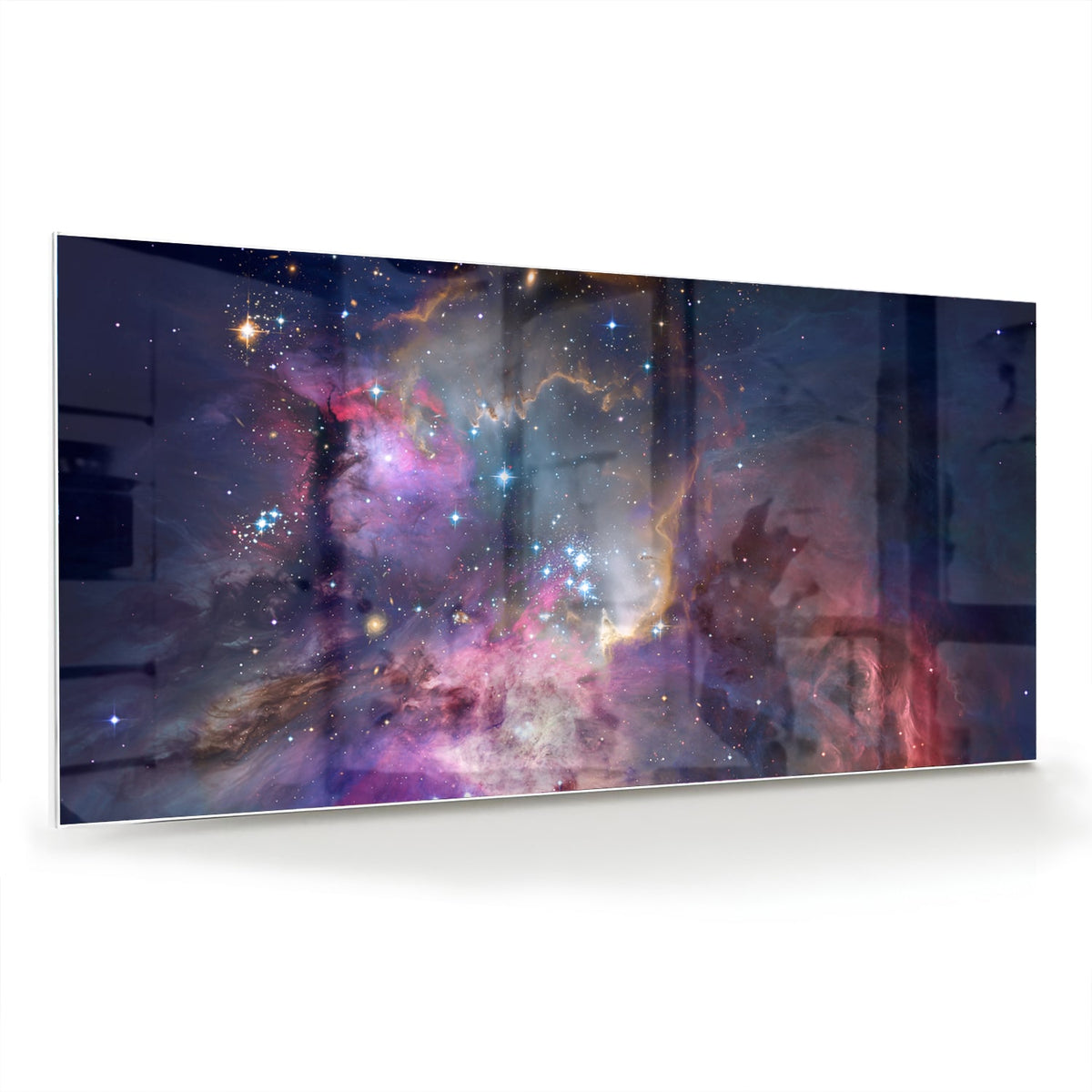 Glazen schilderij met een prachtig universum en sterren op een wand