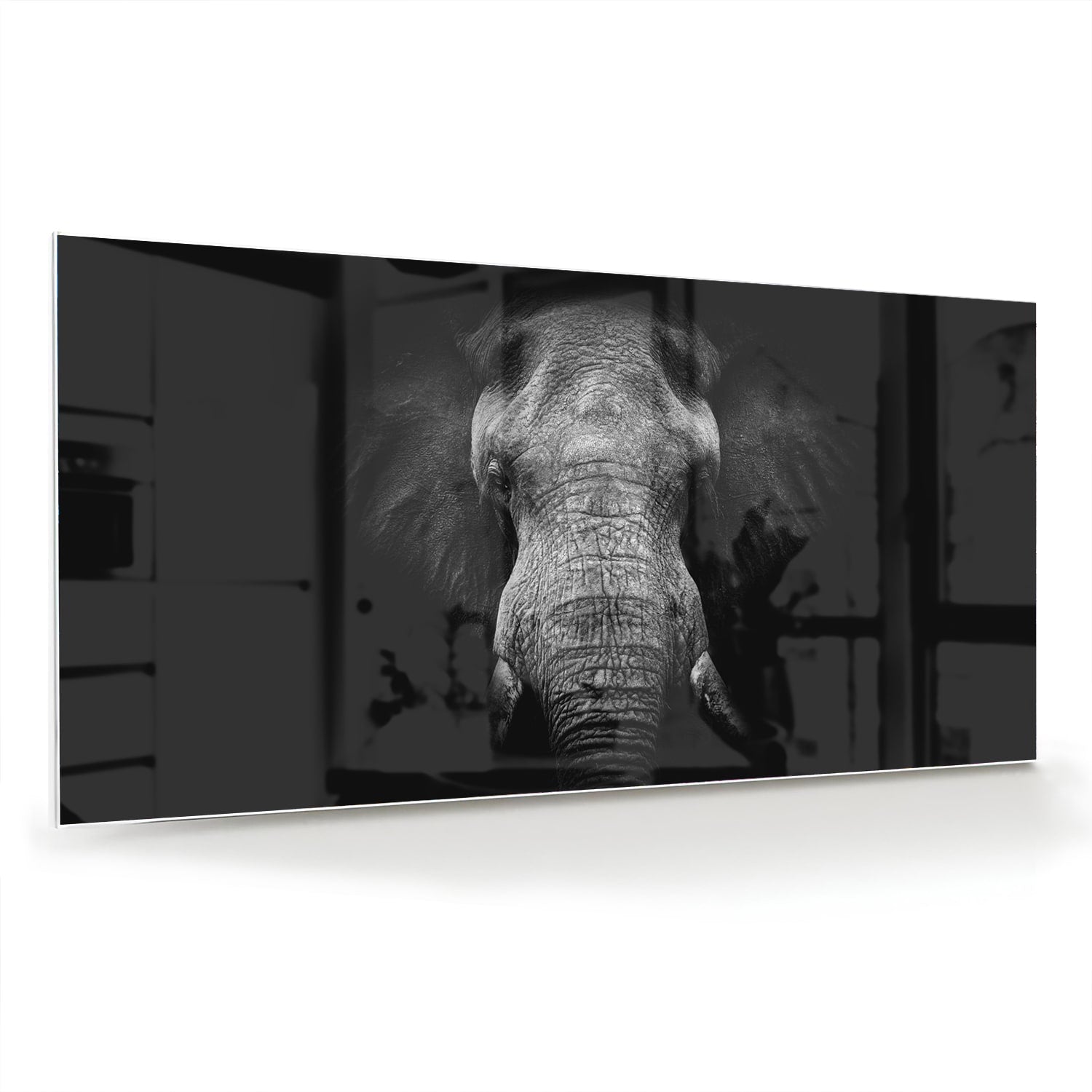 Glazen schilderij van een olifant in zwart-wit, perfect voor interieurdecoratie.