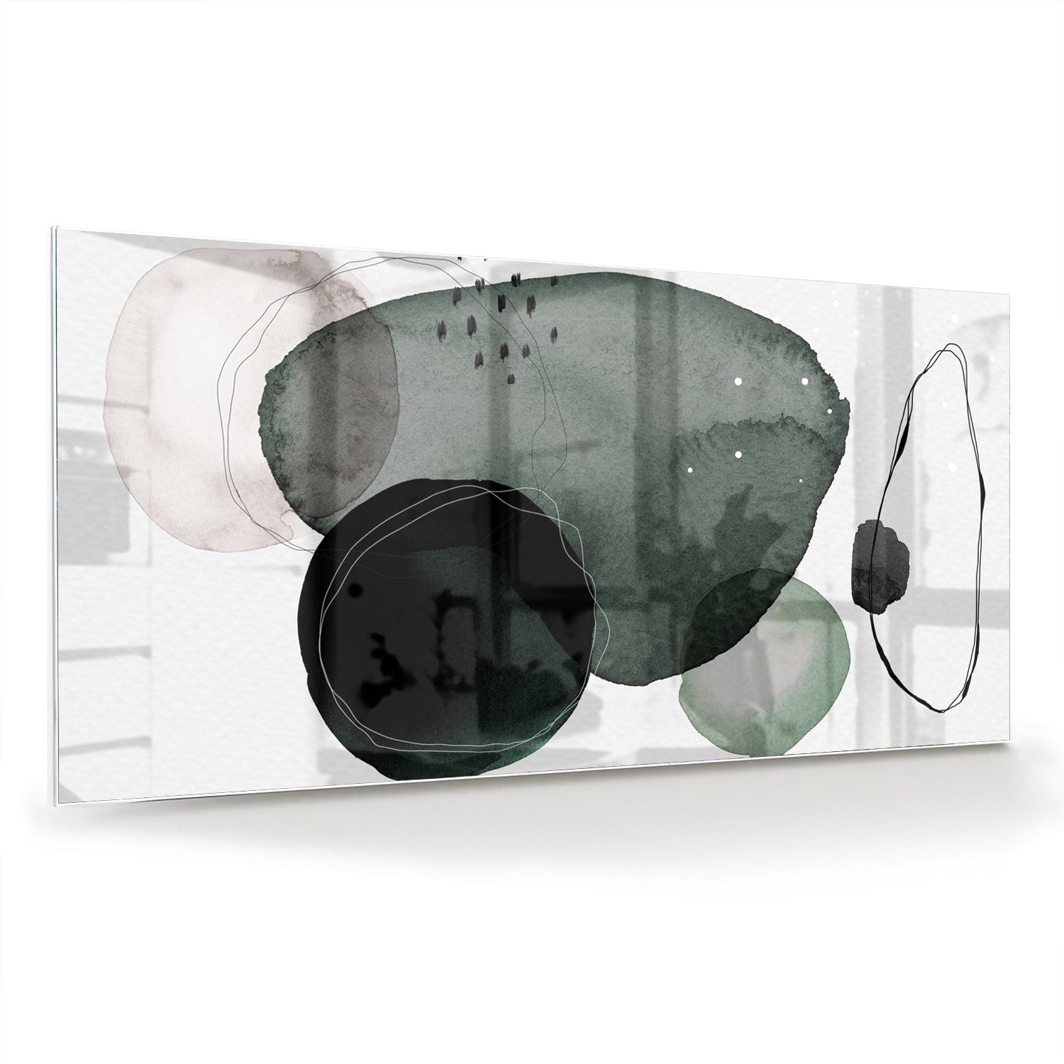 Abstract glas schilderij met groene en zwarte vormen