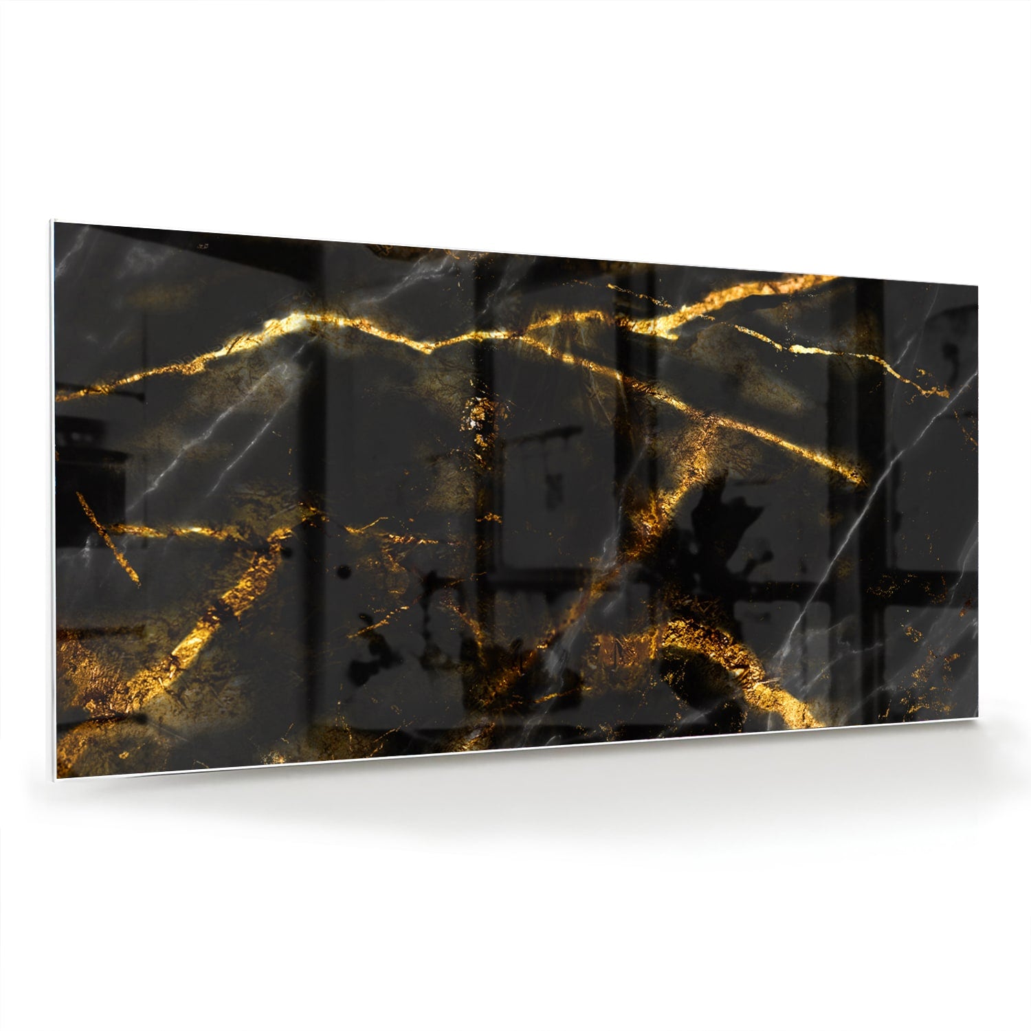 Glazen schilderij met zwart en gouden marmerdesign aan de muur