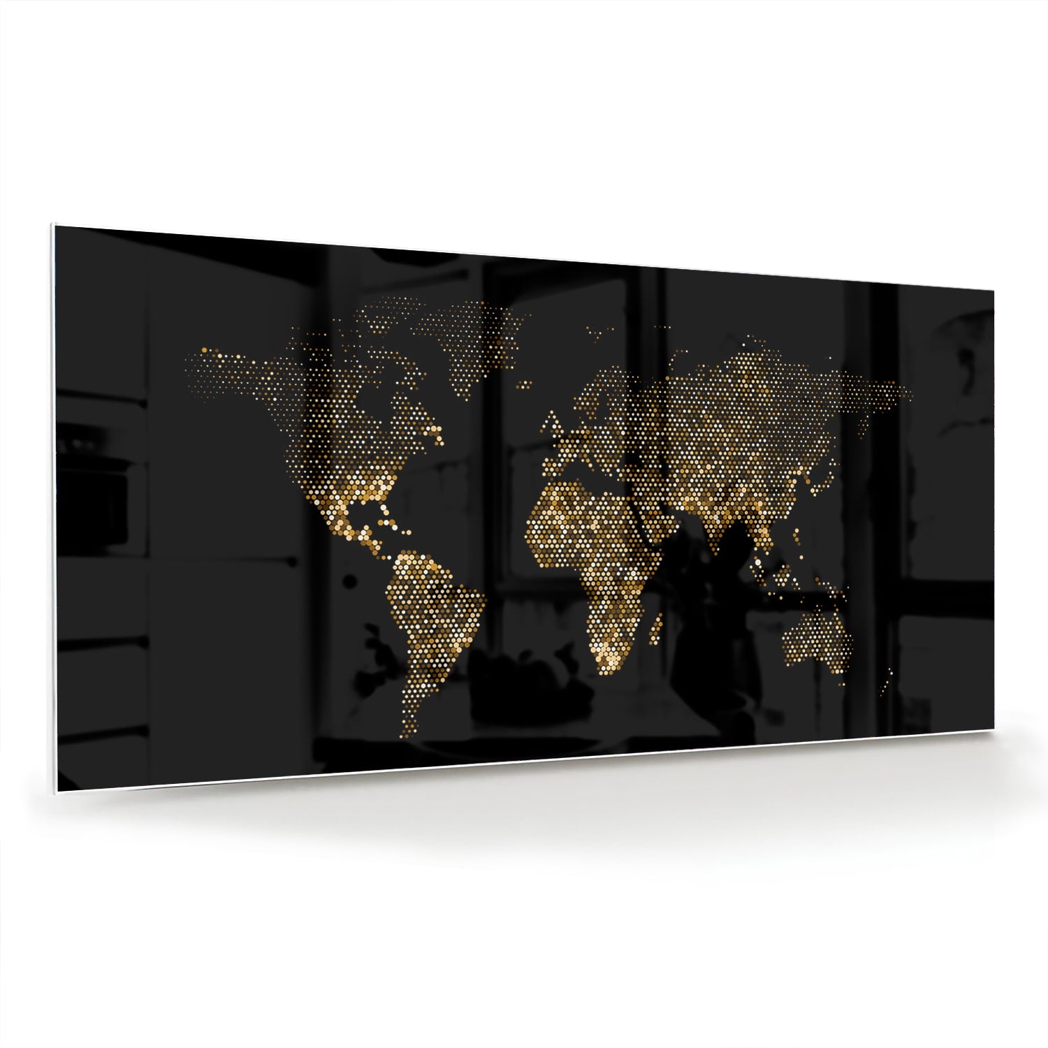 Glazen schilderij van een wereldkaart in zwart met gouden accenten