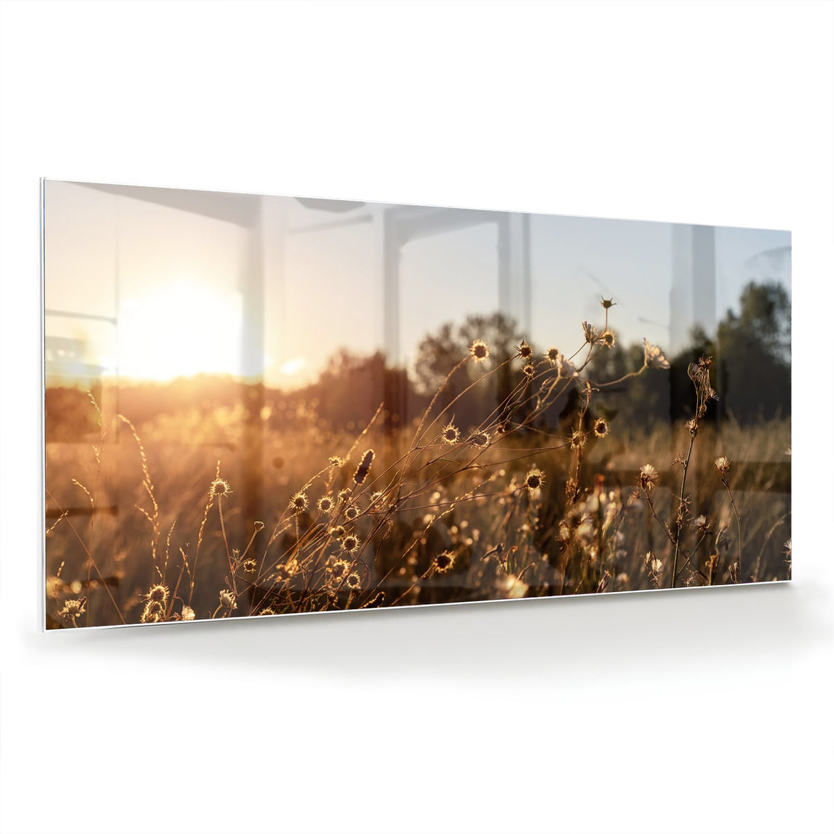Glazen schilderij van een zonsondergang met bloeiende bloemen, hangend aan een witte muur.