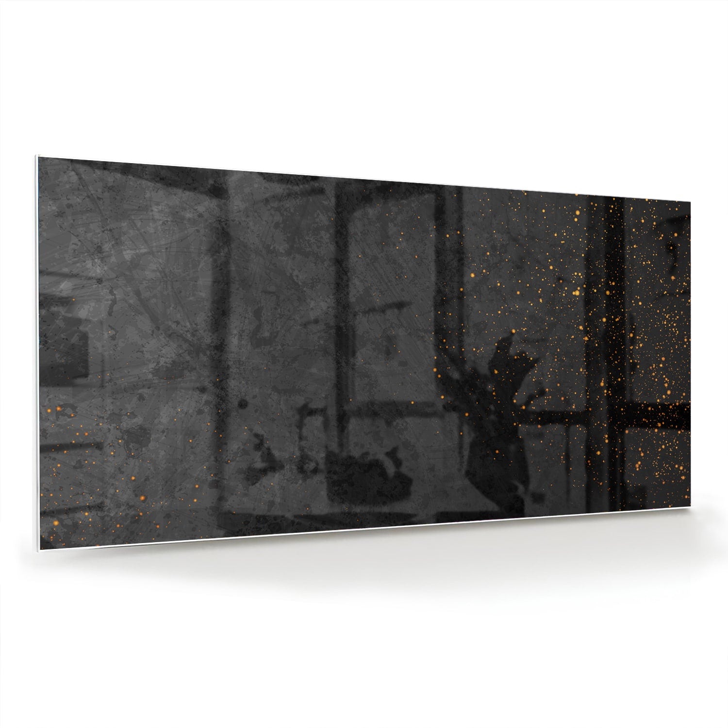 Donker glazen schilderij met gouden accenten aan de muur