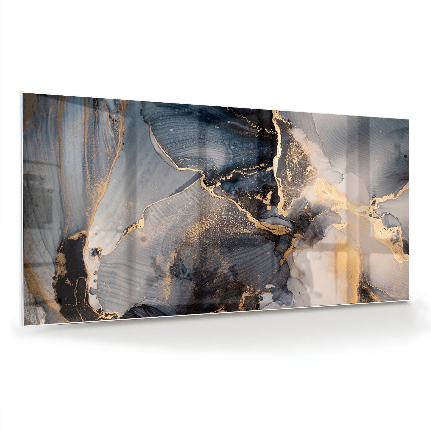Elegant glazen schilderij met blauwe en gouden abstracte lagen
