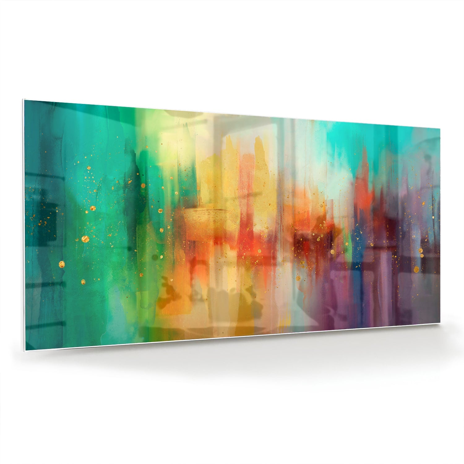 Abstract kleurrijk glazen schilderij aan de muur in een moderne woonkamer.