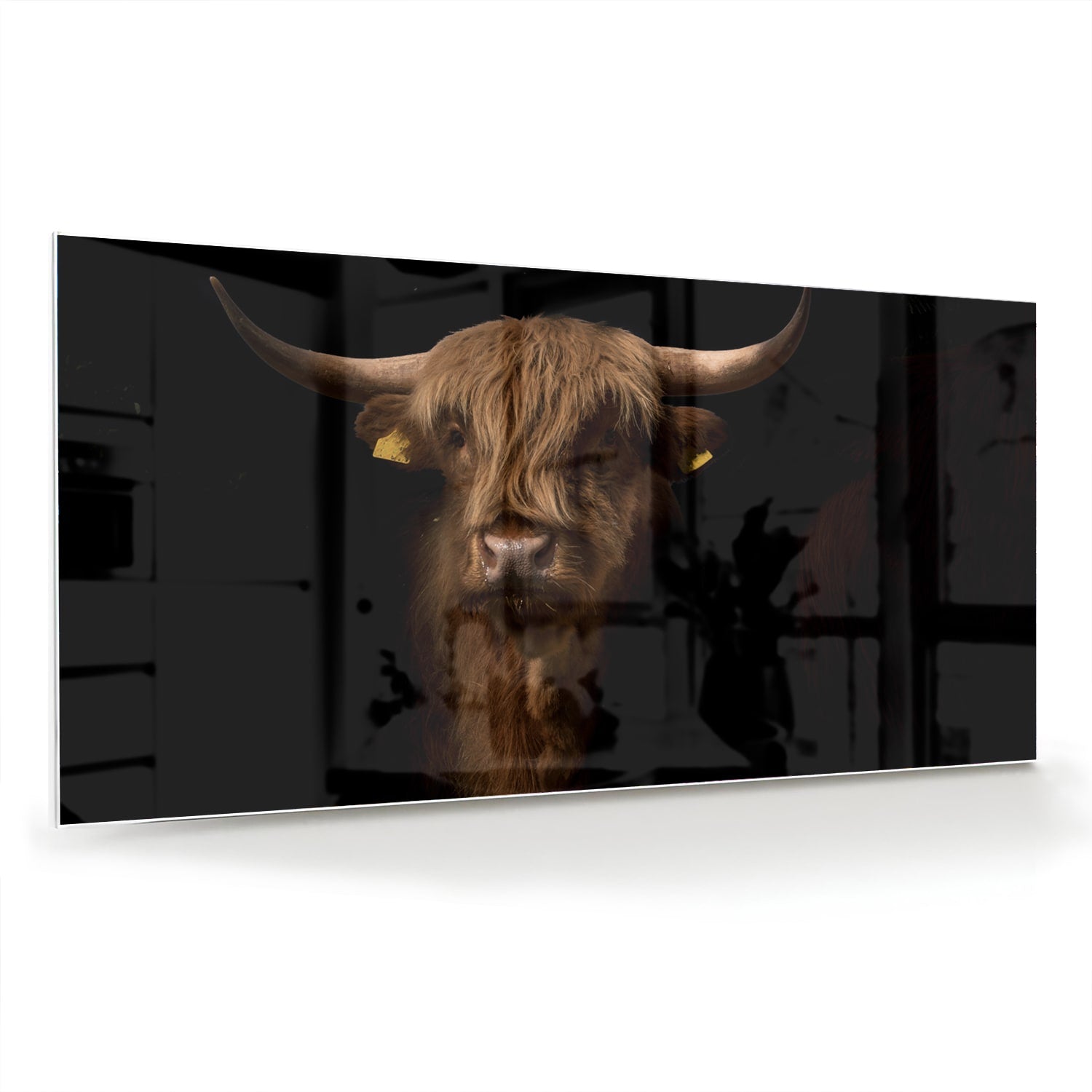 Glazen schilderij van een hooglander, een krachtige uitstraling in interieurdecoratie.