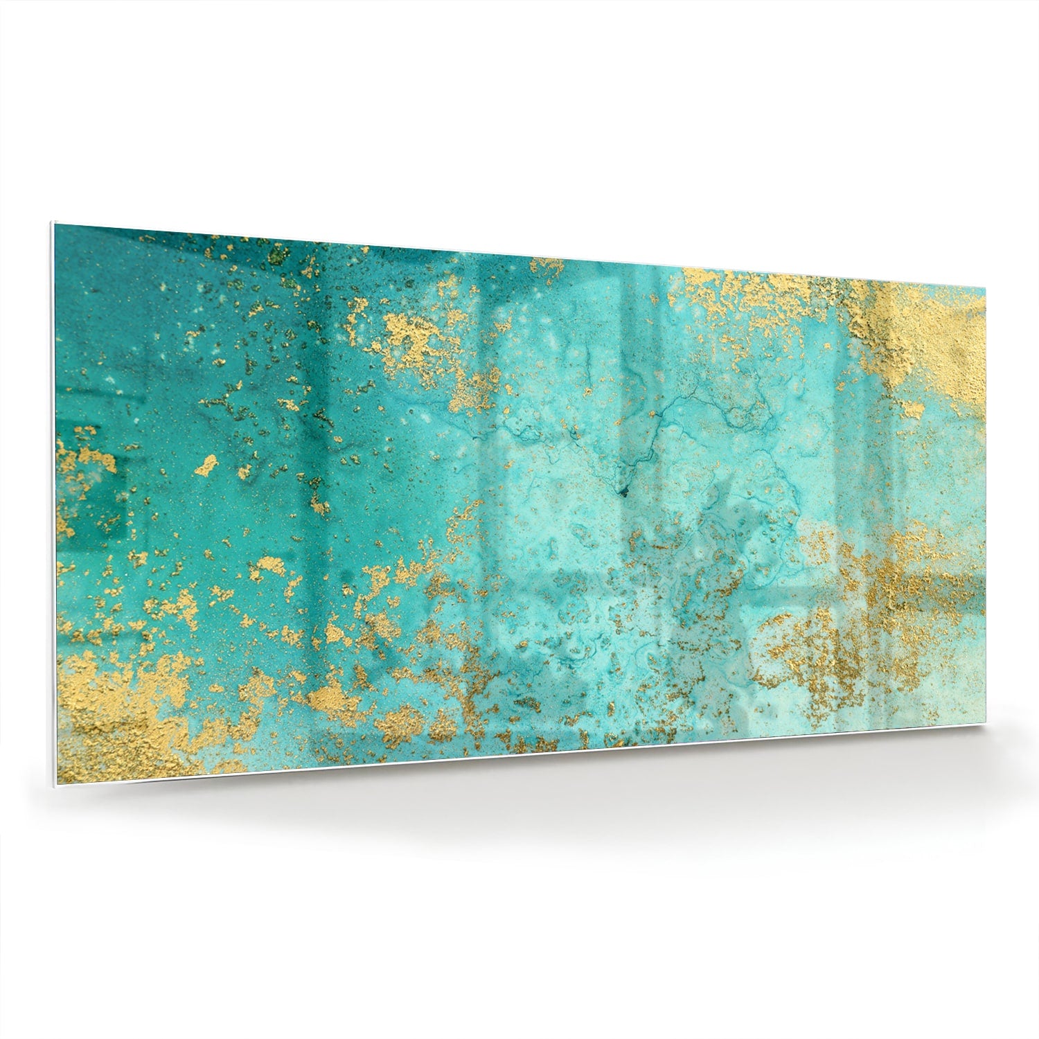 Glazen schilderij met turquoise en gouden accenten aan de muur