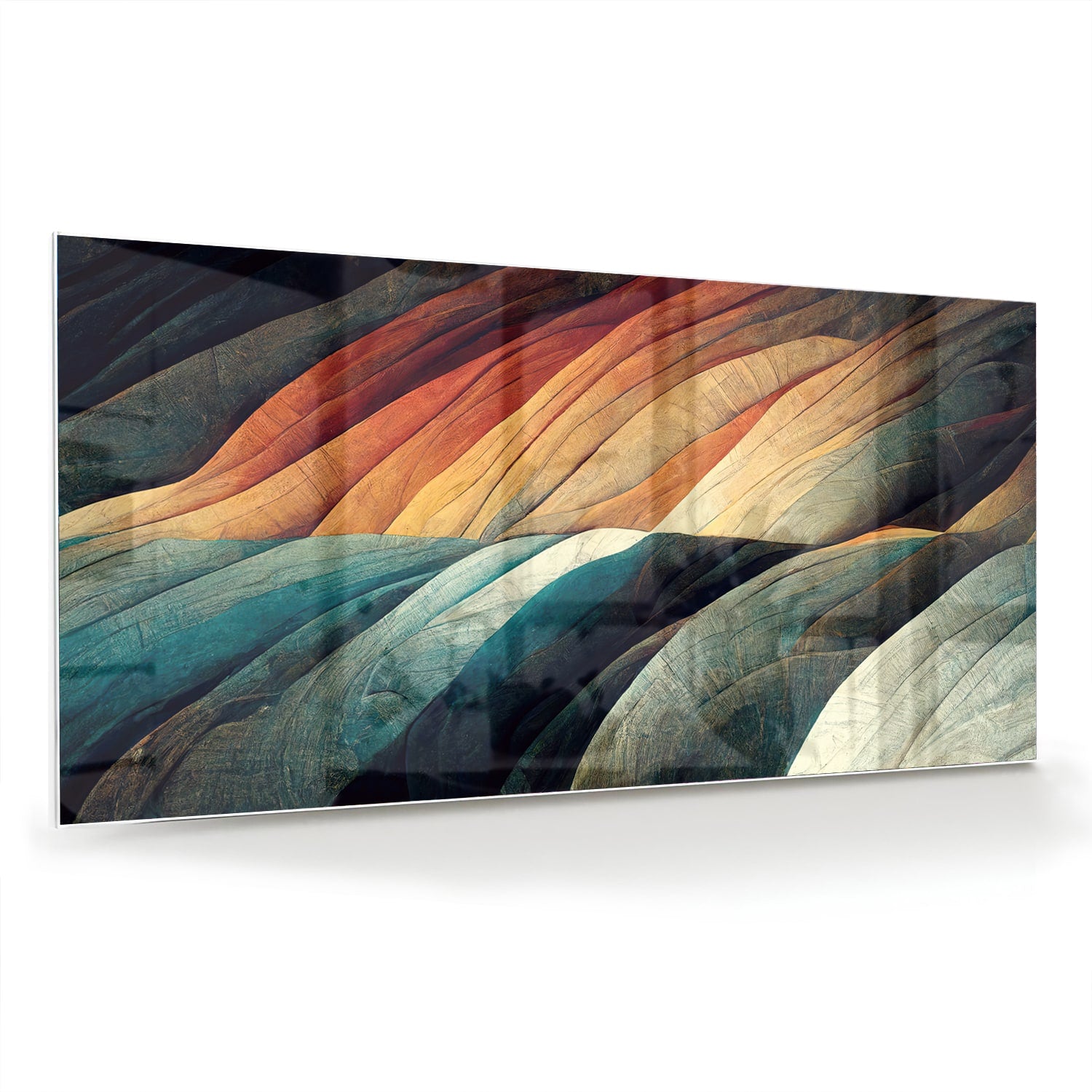 Abstract glazen schilderij met gekleurde golven in een moderne woonkamer.