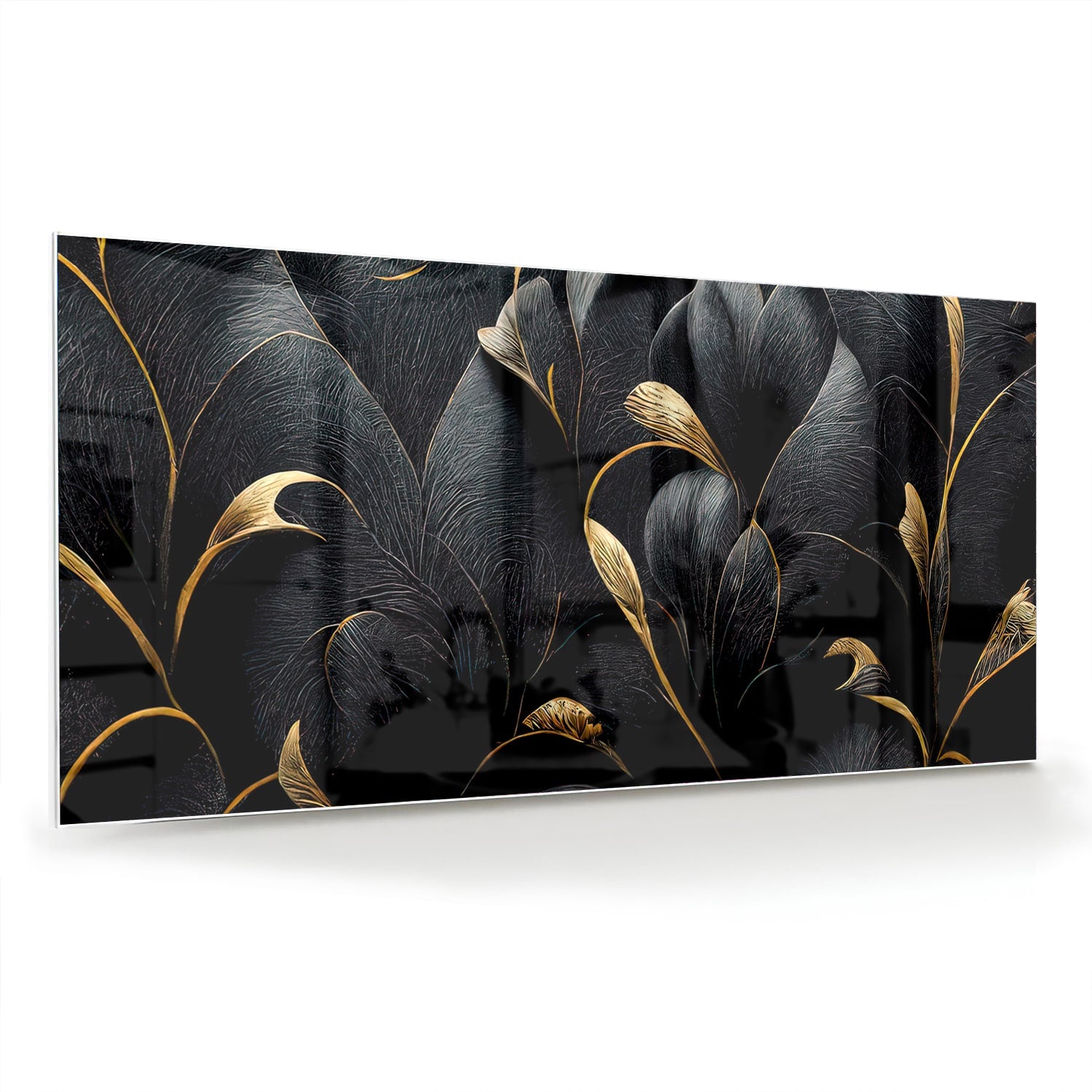 Glazen schilderij met gouden bladeren op een zwarte achtergrond, perfect voor interieur decoratie.