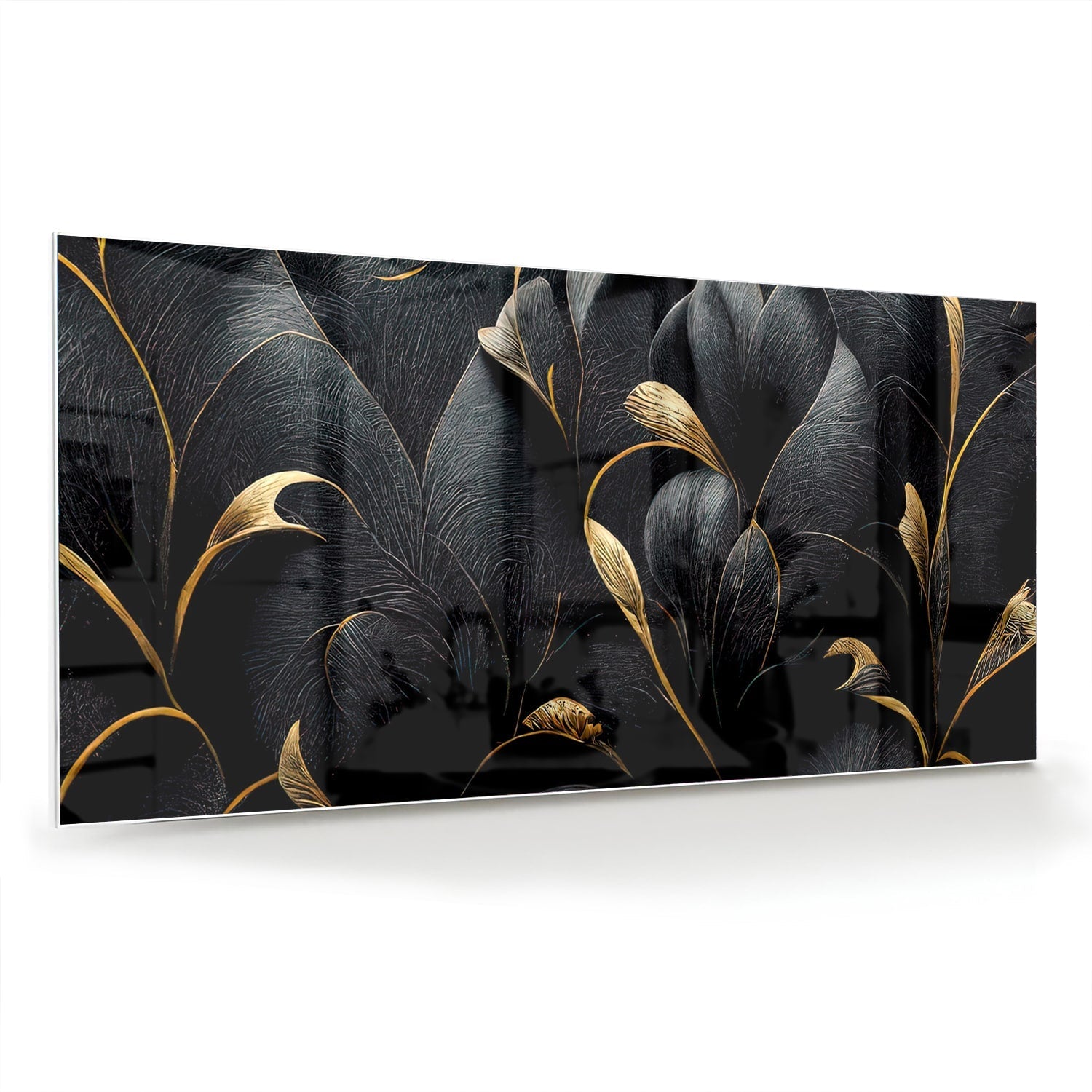 Glazen schilderij met gouden bladeren op een zwarte achtergrond, perfect voor interieur decoratie.