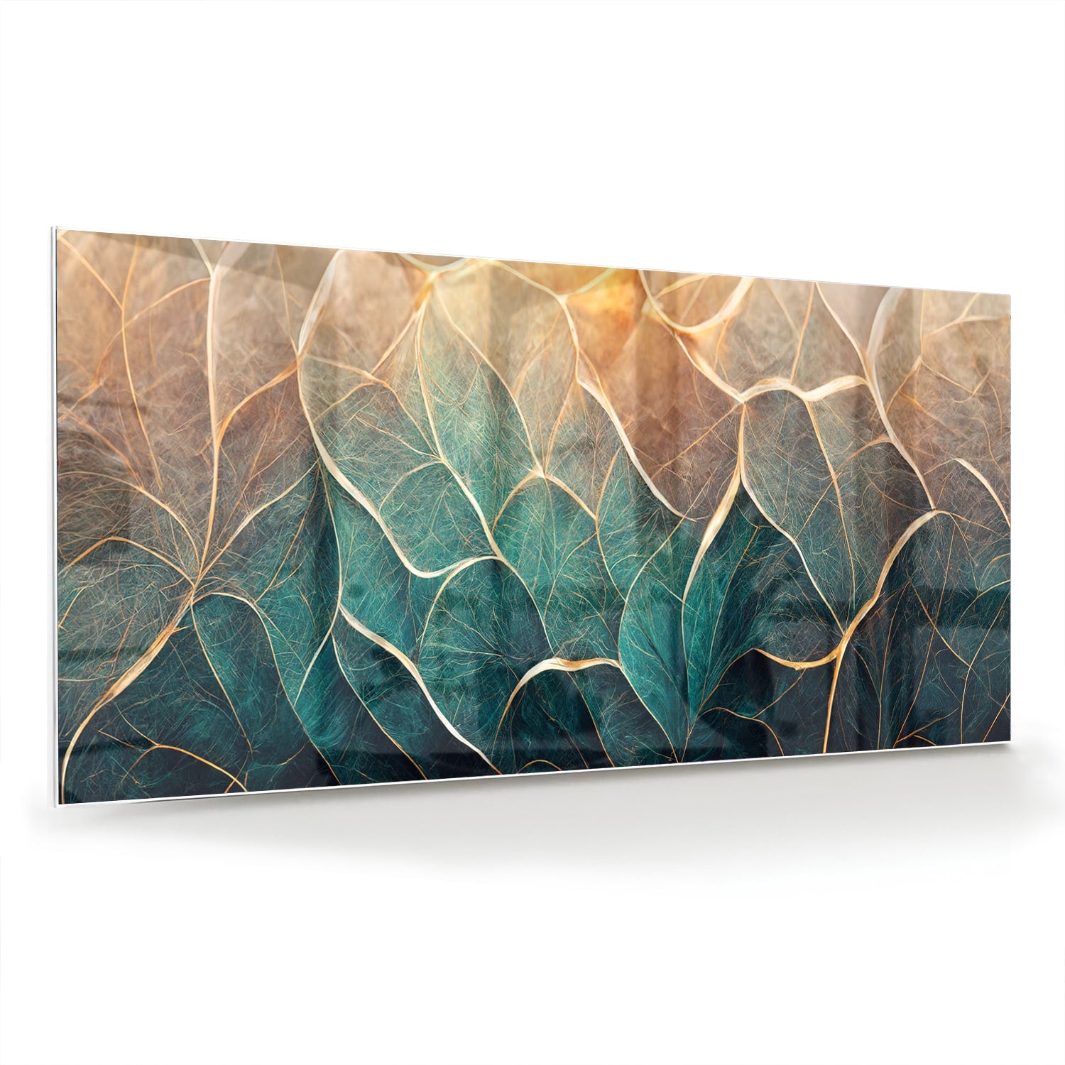 Prachtig glazen schilderij met bladeren in turquoise en gouden lijnen.