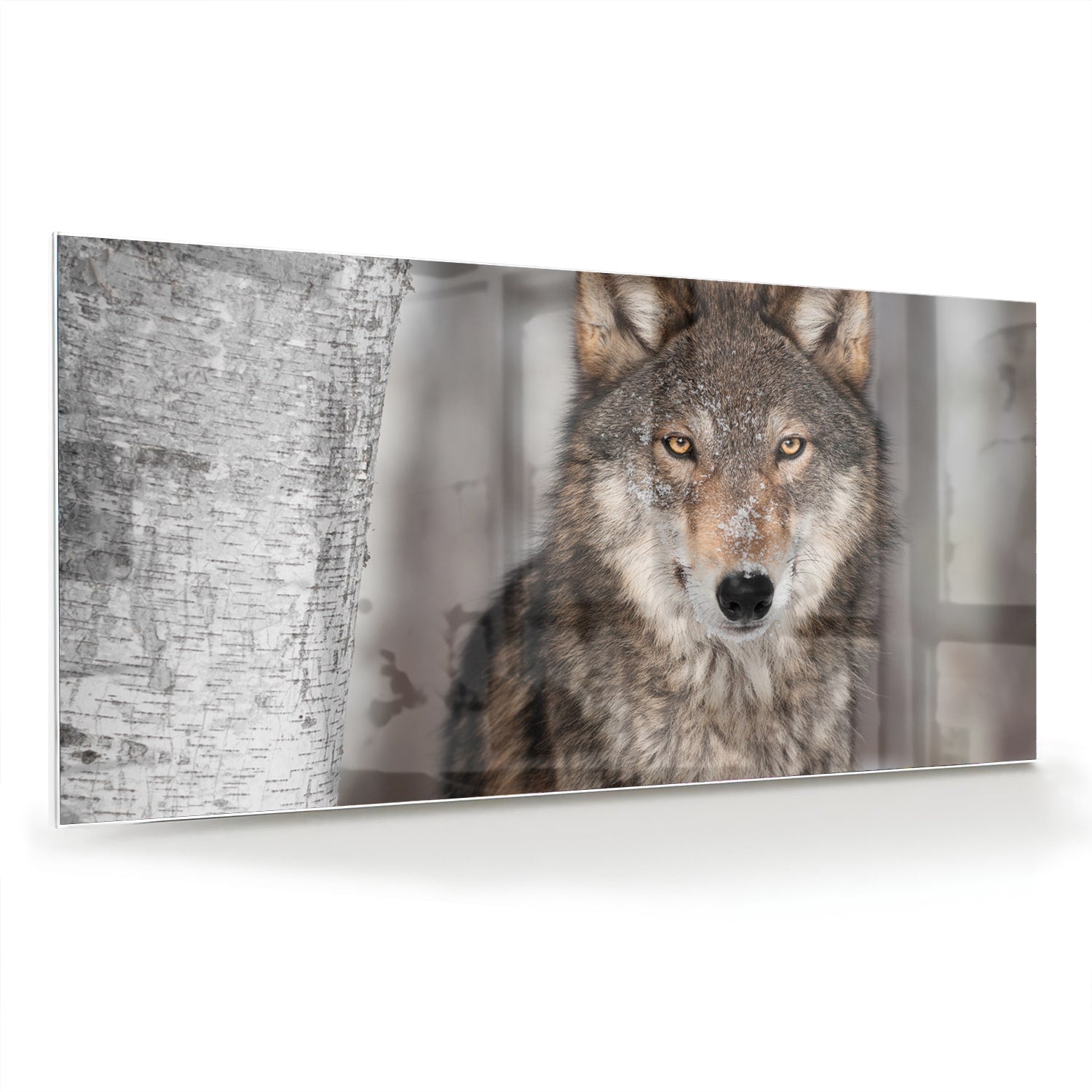 Glazen schilderij van een wolf met indrukwekkende blik in een interieur