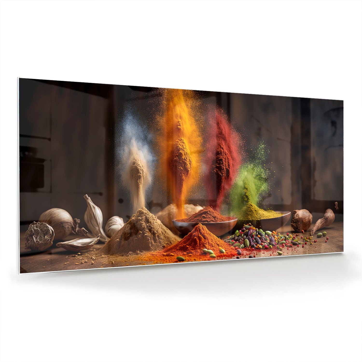 Glazen schilderij met een kleurrijke weergave van specerijen op een houten tafel.