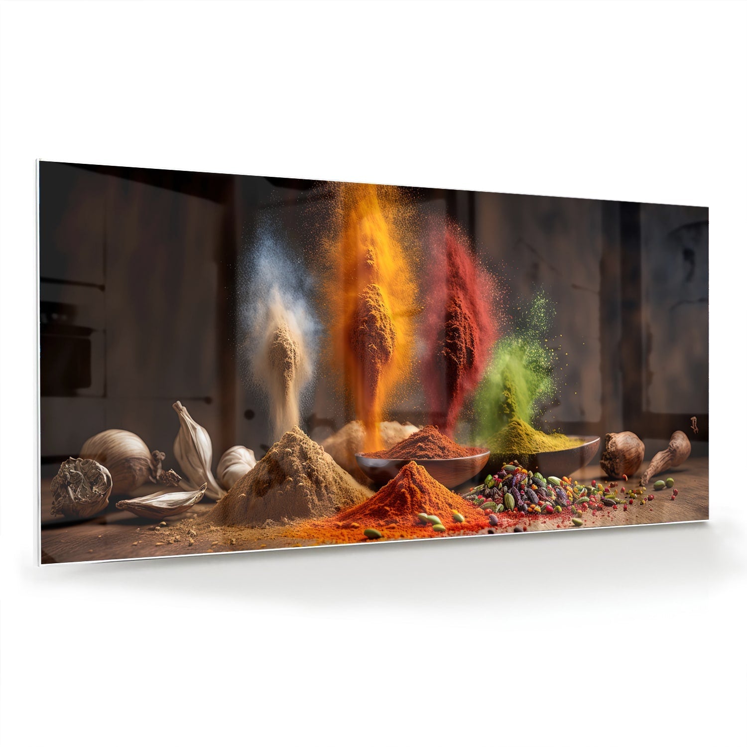 Glazen schilderij met een kleurrijke weergave van specerijen op een houten tafel.