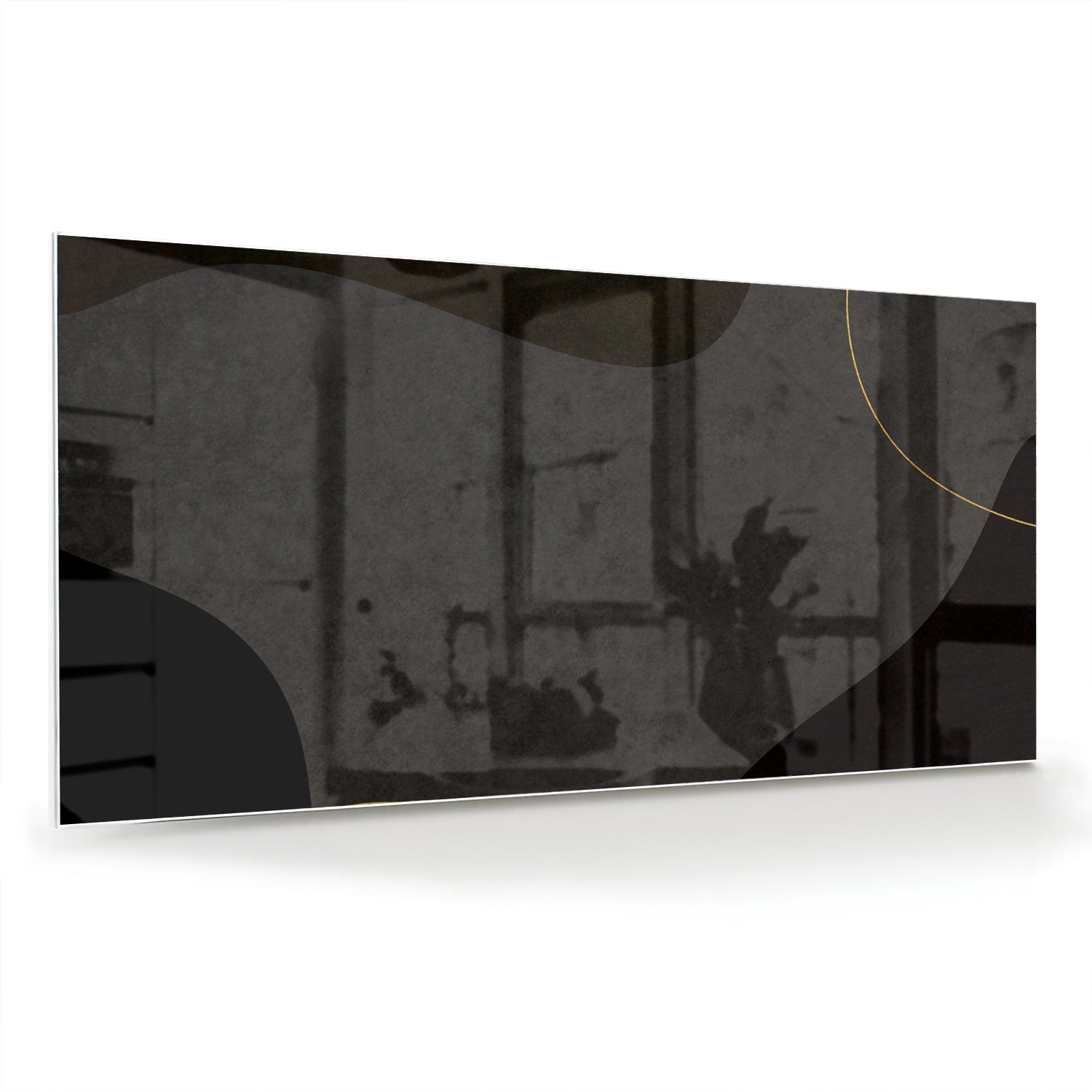 Moderne glas schilderij met abstracte zwarte vormen en gouden lijnen
