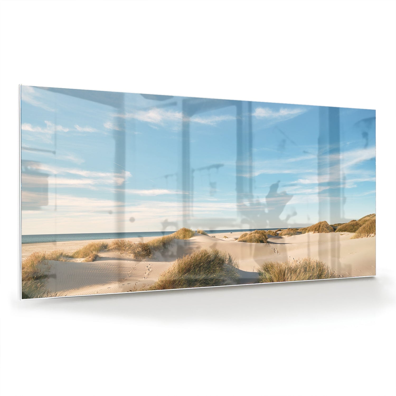 Glazen schilderij met duinen en een heldere blauwe lucht
